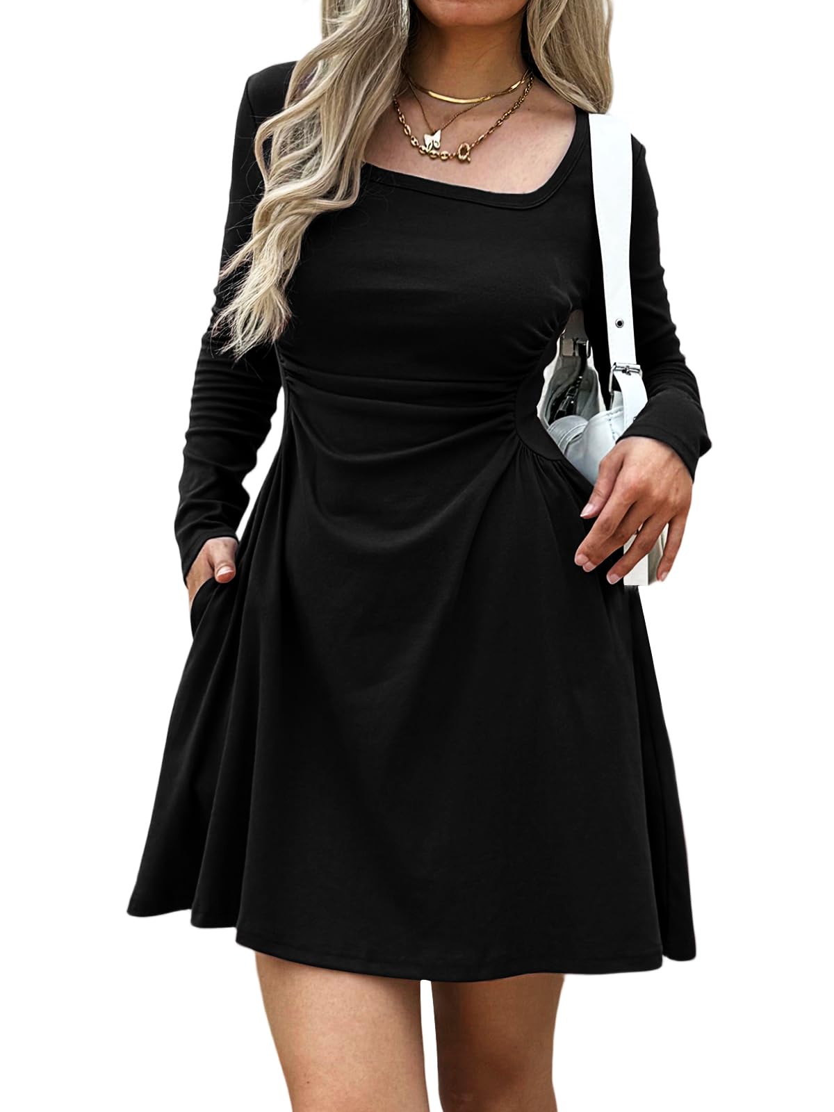 Womens Square Neck Long Sleeve Mini Dress Ruched Waist Corset Fall Dresses Slim-Fit with Pockets