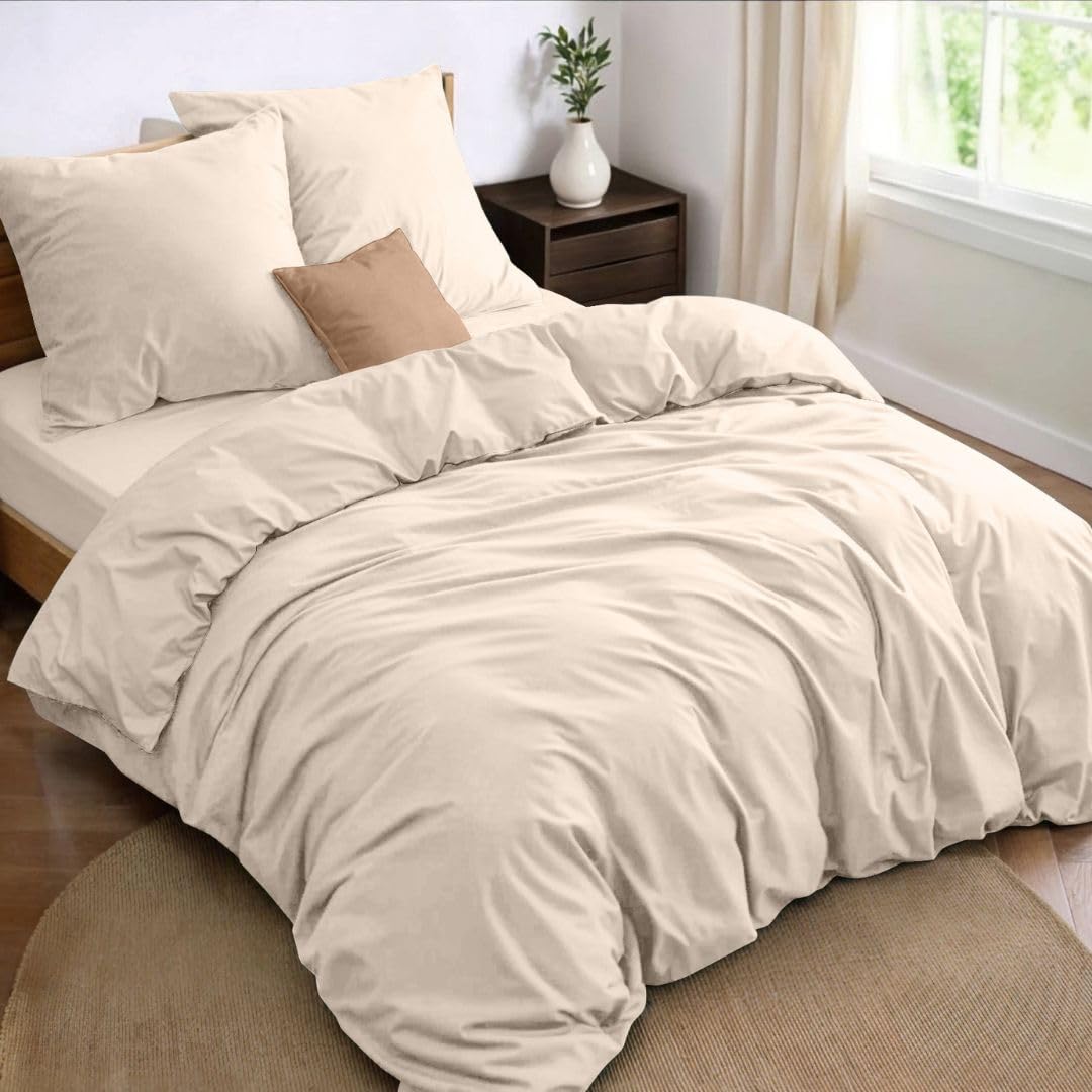 Dreamzie - Juego de Cama de 4 Piezas, Funda nordica Cama 150, Sábana Bajera de 160x200 cm y 2 Fundas de Almohada de 65 x 65 cm, Color Beige, para Cama Doble, 100 Hilos/cm2 de Microfibra, Oeko-Tex