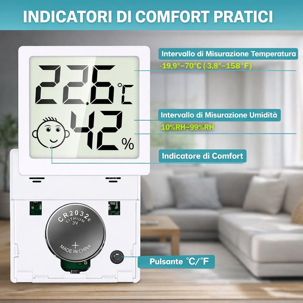 Igrometro Digitale per Interni, Mini Termometro Ambiente con Monitor Temperatura e Umidità, Indicatore Comfort, per Casa, Ufficio, Camera da Letto e Cucina