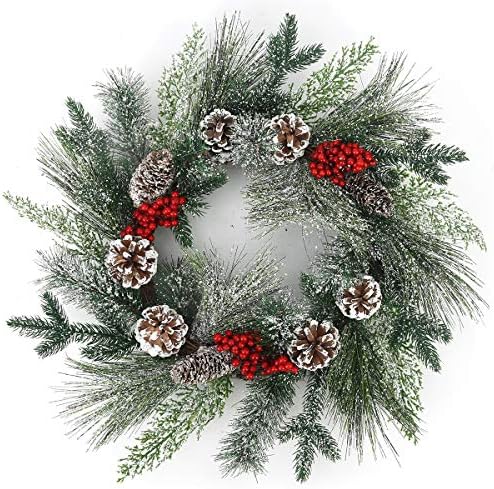 Bomarolan Winter Snowflake Christmas Wreath 20 Inch Artificial Pine Cone Pine Needle Branch Harvest Wreath For Front Door Foyers Shop Windows Fireplaces Walls New Years Decor Decor