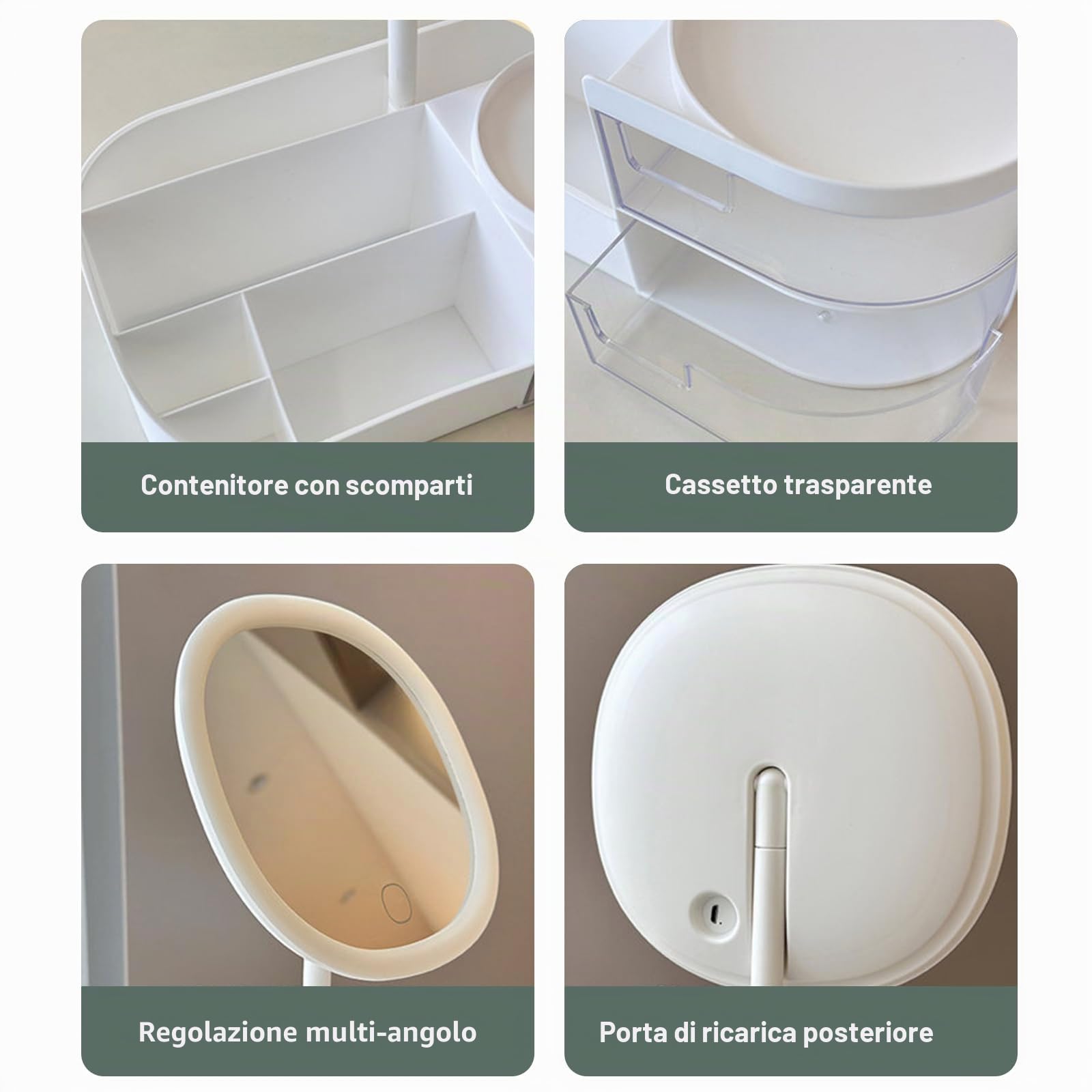 DASITON Organizer Trucchi con Specchio,Porta Trucchi Organizer con 2 Cassetti,Make Up Organizer Bagno per Cosmetici,Organizer Cosmetici Portatrucchi Organizzatore per Bagno,Camera da Letto(Crema)