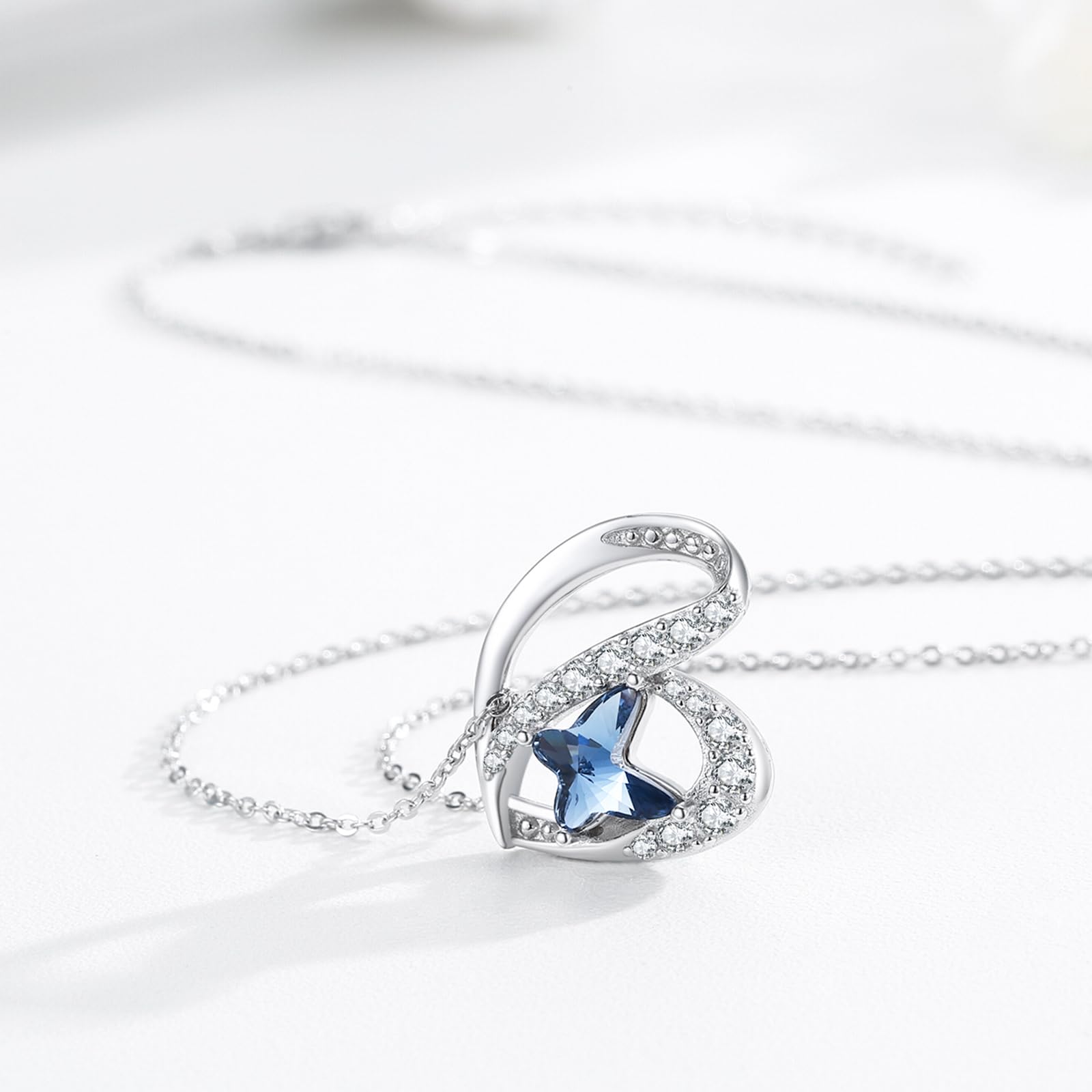 TANGPOET Cadena Collar de mariposa de plata de ley 925 con colgante de mariposa de cristal, joyería de cumpleaños para mujeres y niñas, Plata esterlina