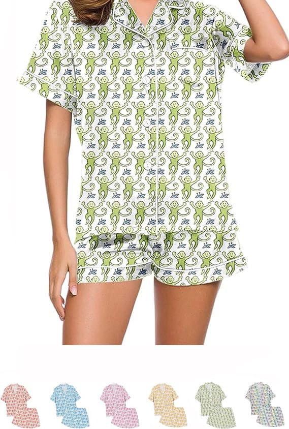 ENVGSOMP Womens Pajamas Set 2 Piece, Monkey Pyjama Pjs Girls Dress Nightgown Cute Animals Nightwear Lounge Y2k Sleepwear (green,Large) — image 1