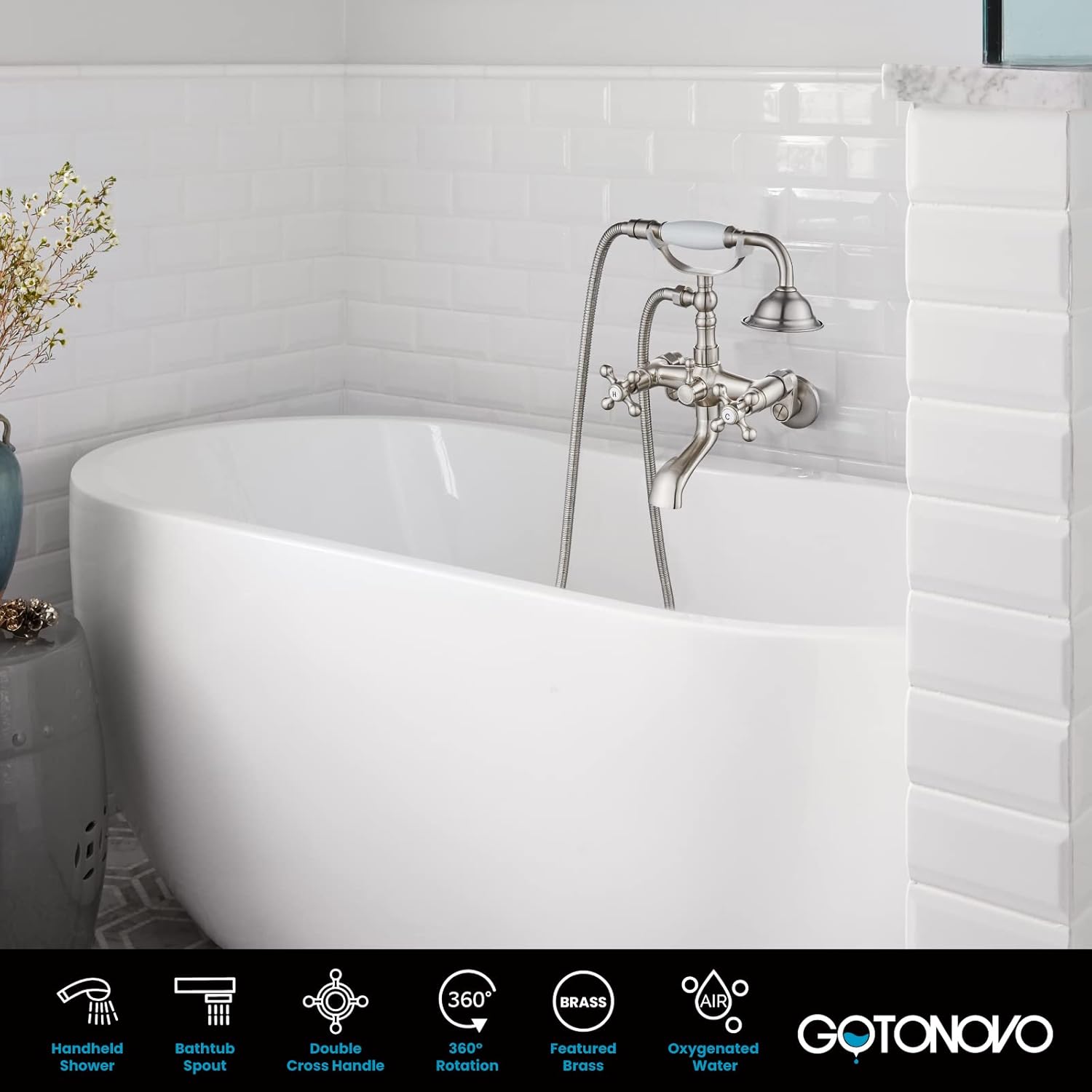 Brushed Nickel Wall-Mounted Clawfoot Tub Faucet with Handheld Shower