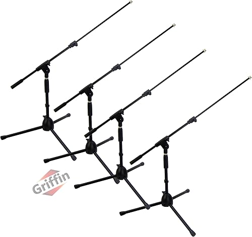 GRIFFIN Soportes cortos para micrófono (serie Low Profile-X), paquete de 4 Trípode corto con soporte telescópico Ideal para estudio, Kick Drum y