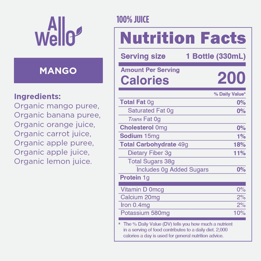 AllWellO Organic Cold Pressed Juice Drinks with Real Fruits and Vegetables Gluten Free Non-GMO Healthy Juices No Preservatives No Sugar Added (Mango Power, 6 Pack)