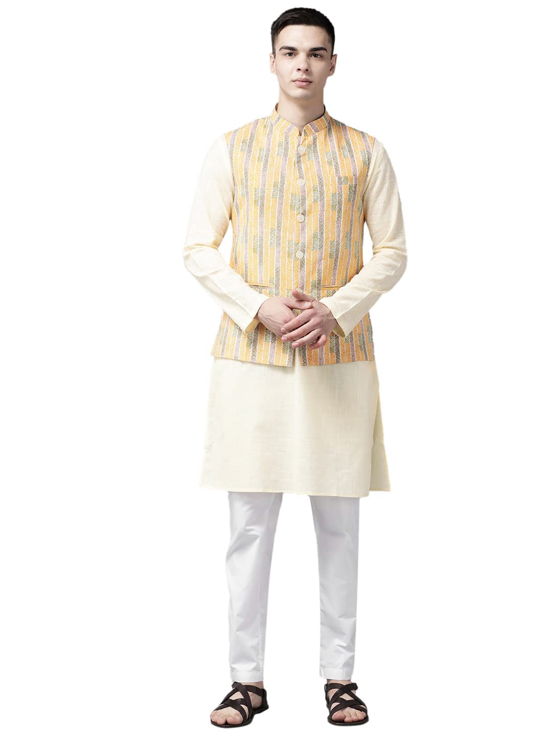 see designs See DesignsMen Yellow & Beige Printed Pure Cotton Nehru jacket-picture-45