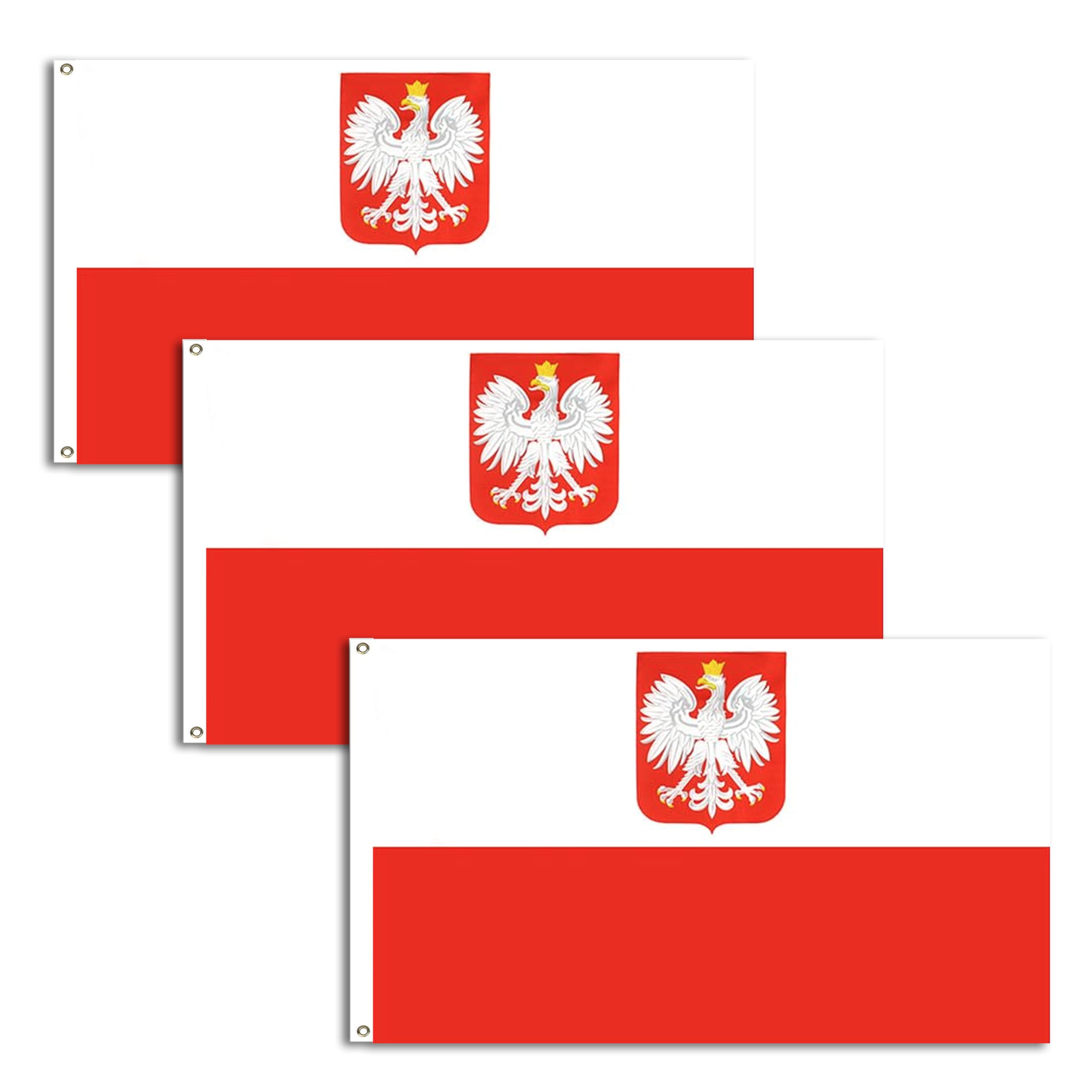 Poland Flag with Eagle 3 PACKS 5ft x 3ft - Polish State Large National Flags with Eagle, Polyester Banner, Brass Grommets Eyelets, European Country Supporters Display Vivid Color, UV Fade Resistant