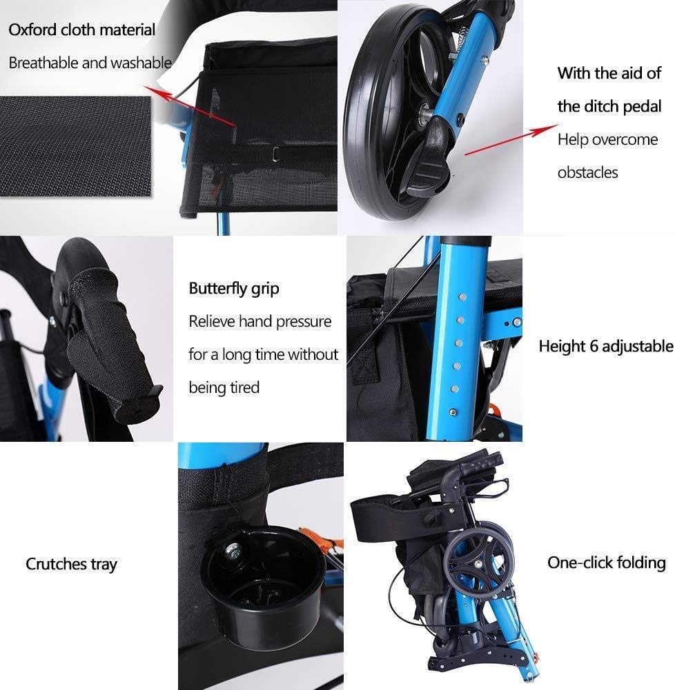 Zakupy Rollator Seniors Walker Lekka rama do chodzenia Pomoc Mobilność Wózek Wózek Skuter Składany z torbą 4 koła dla osób starszych Double the comfort