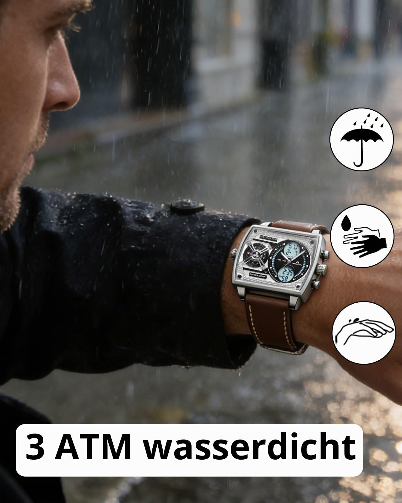 MEGALITH Herren Uhr Digital Analog: Multi-Zeitzone Arbeits Armbanduhr mit Groß Zifferblatt Quadratisch - Stilvoll Geschenke für Business Männer Jubiläum Geburtstag