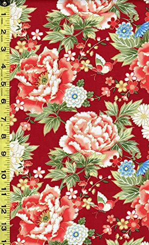 Japanese, Asian, Quilting, Sewing Fabric - Kyoto Garden - Peony Floral Clusters - Red