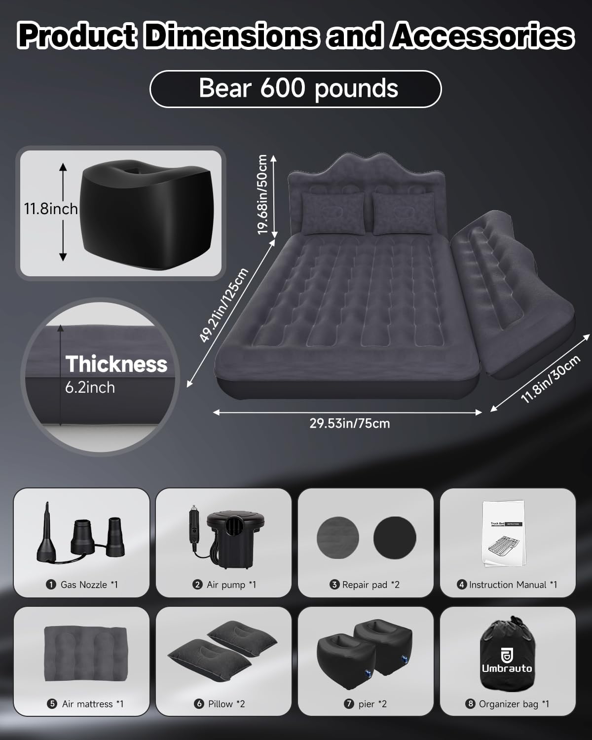 Umbrauto Inflatable Car Mattress Bed: SUV Camping Air Bed for Truck Backseat with Pump & Pillows, Car Sleeping Airbed for Van Back Seat