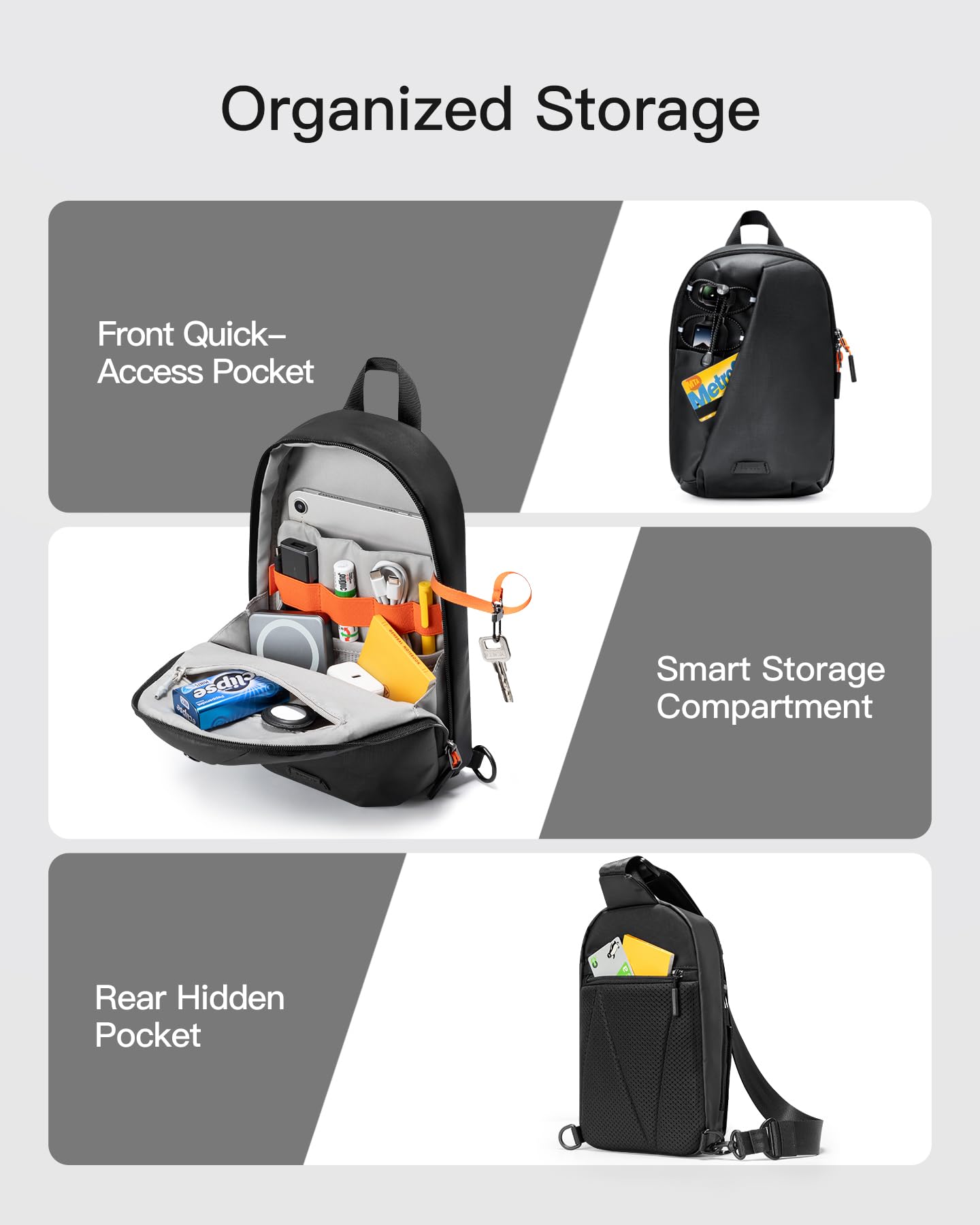 Inateck Sling Bag X-Row, lekka męska torba na ramię, odporna na zachlapanie wodą, torba na klatkę piersiową, na wędrówki, podróże, spacery, czarny, 18.5 x 7 x 28.5 cm, Minimalistyczny