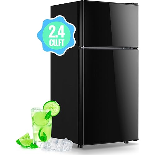 2.4 Cu.Ft Mini Fridge with Freezer & Double Door Small Tiny Size Refrigerator with 7 Temperature Control Knob Only Suitable for One Person Use Black