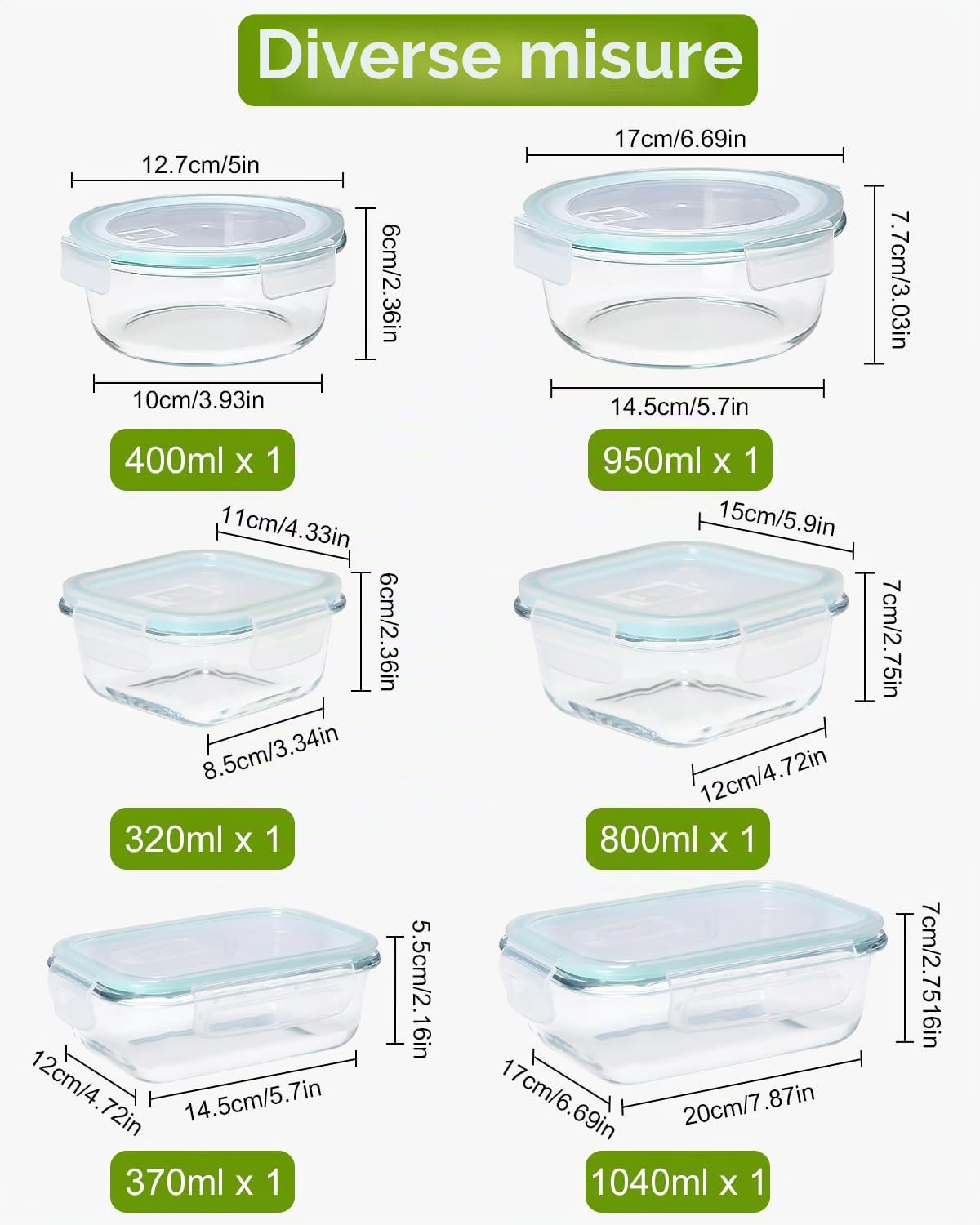 heuchaey Set per conservazione degli alimenti, contenitori vetro,a prova di liquidi,con valvola di sfiato, coperchio trasparente, per microonde,frigorifero,lavastoviglie,materiale per uso alimentare
