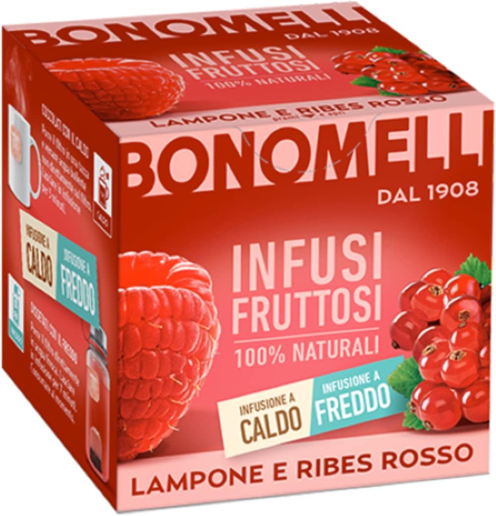 Bonomelli - Infusi Fruttosi, Lampone e Ribes Rosso, Confezione da 12 filtri, Gusto Rinfrescante e Lievemente Acidulo, Infusione a Caldo e a Freddo, Ingredienti 100% Naturali (24g)