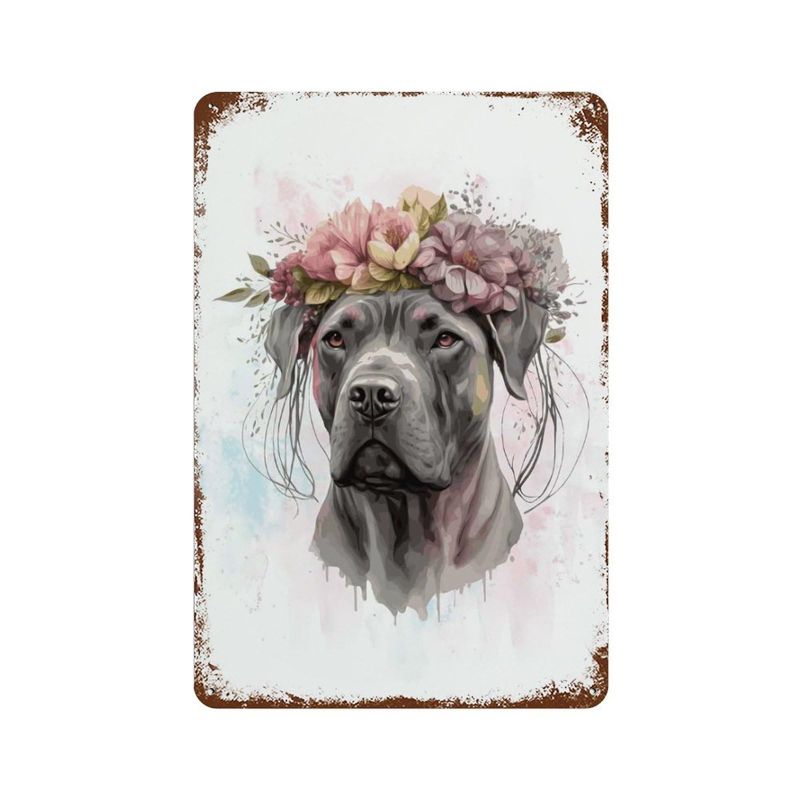 Distressed Metal Wall Sign Floral Cane Corso Painting 11.8"x7.9", Decorative Metal Wall Art for Farmhouse, Kitchen And Entryway Decor