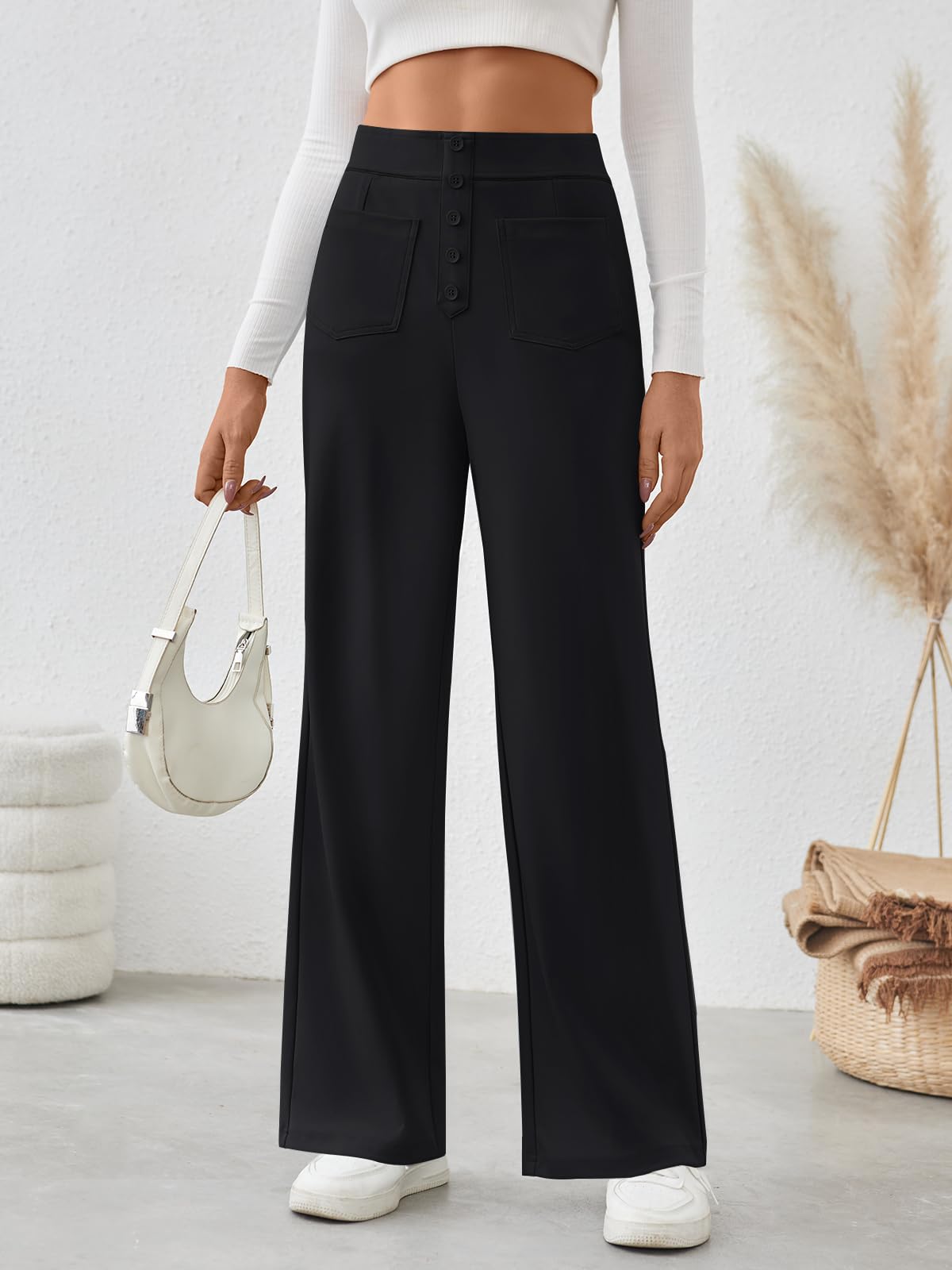 LILLUSORY Womens Casual Work Pants High Waisted Straight Leg Pant Business Dressy Trousers with Pockets