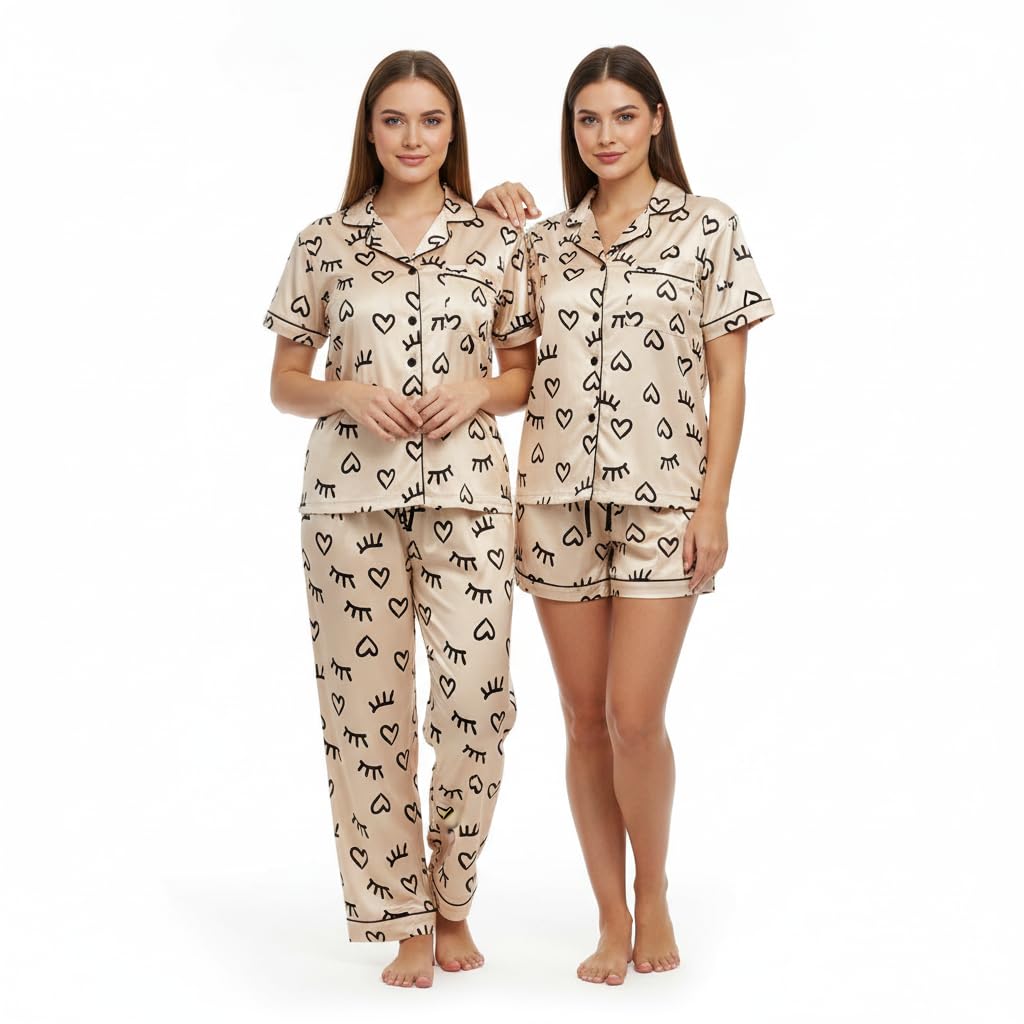infinitive Women Stretchable Printed Silk Night Suit Set, 3pc Set with Shirt, Pajama & Shorts Soft, Breathable Luxury Silk Pajamas, Nightwear, Sleepwear & Loungewear for Ladies M-XXL-picture-25