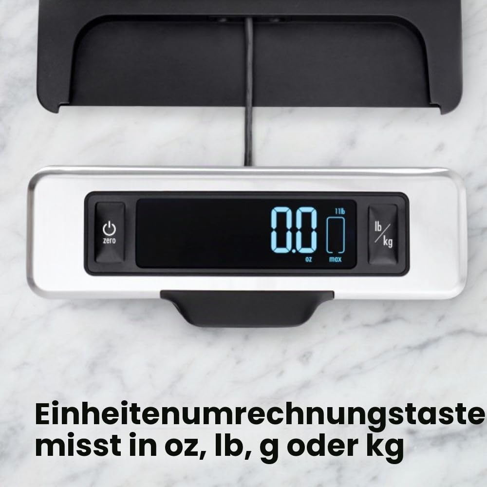 OXO Good Grips 5 kg Edelstahl-Küchenwaage:Ausziehbares Display für schattenfreie Anzeige+Leicht ablesbare digitale Zahlen+Kompaktes Design+Präzision beim Wiegen in der Küche Elektronische Küchenwaage