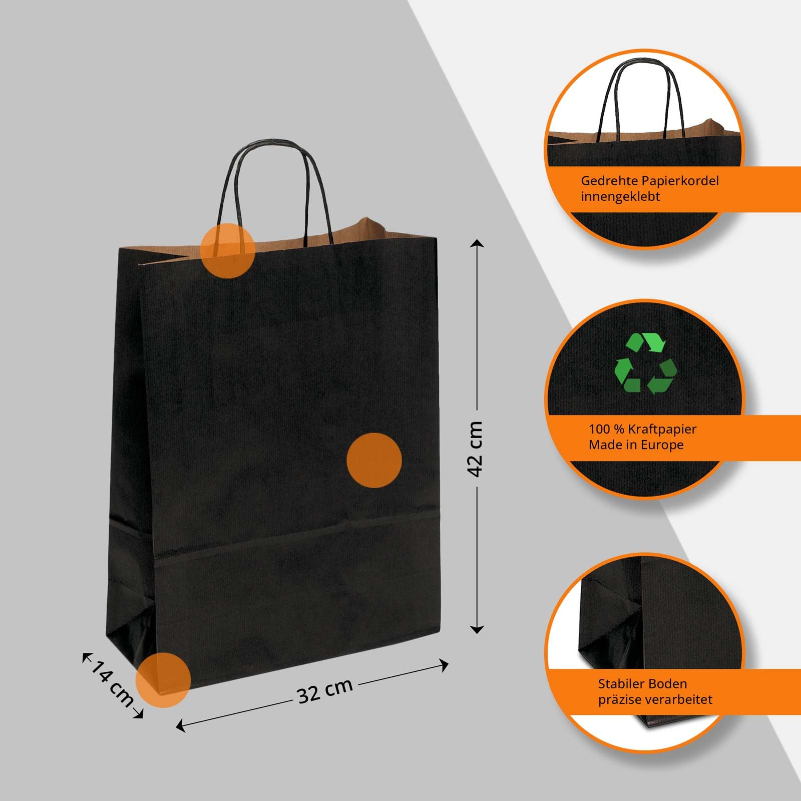 Papiertasche edel & stabil | 150 Stück schwarz 32+14x42 cm | Qualität aus deutscher Produktion | Tragetasche aus Papier | HUTNER