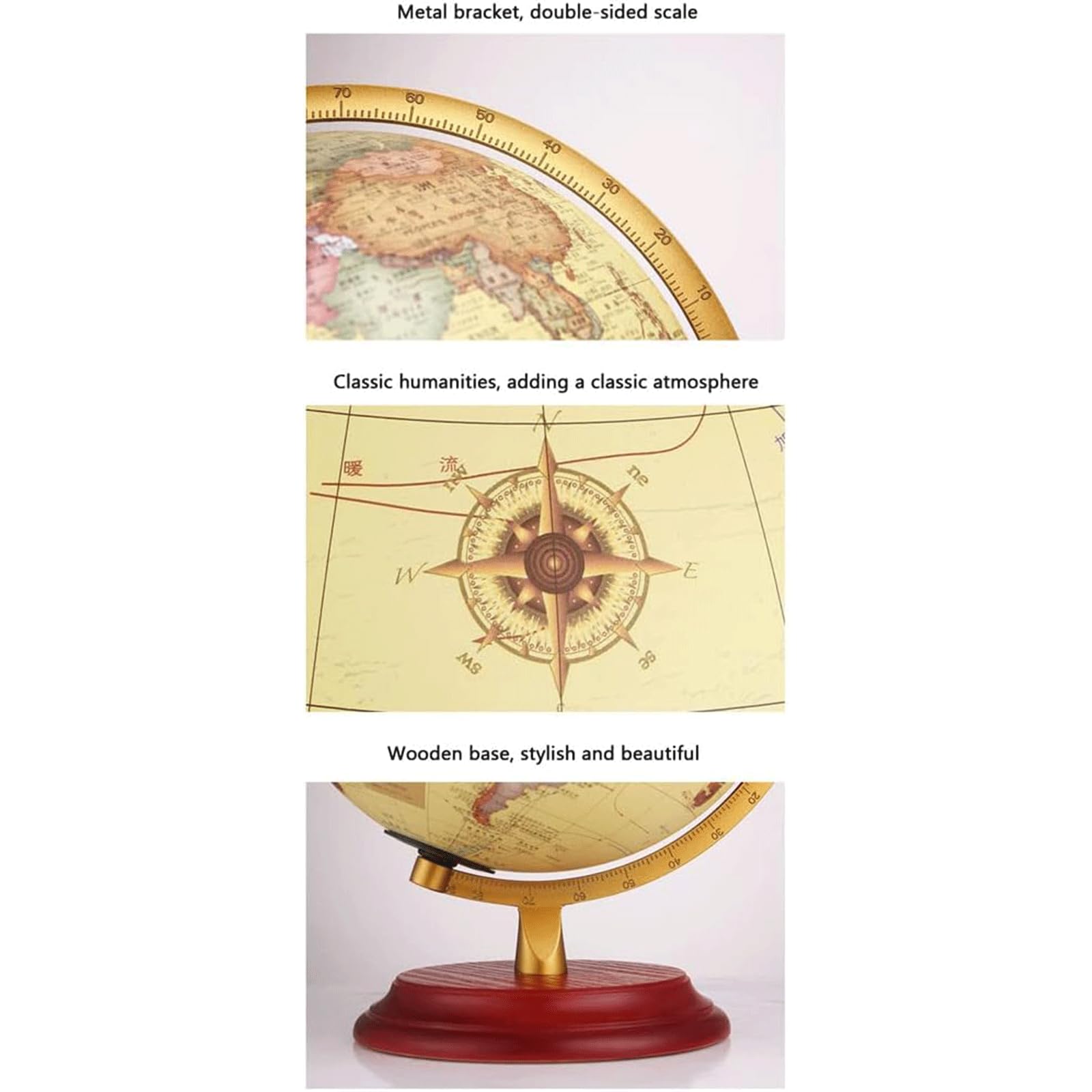 Dekorativer Vintage-Globus, um 360° drehbarer Weltglobus mit Holzsockel, Erdglobus für Kinder, Klassenzimmer, Lernen, geografischer Globus