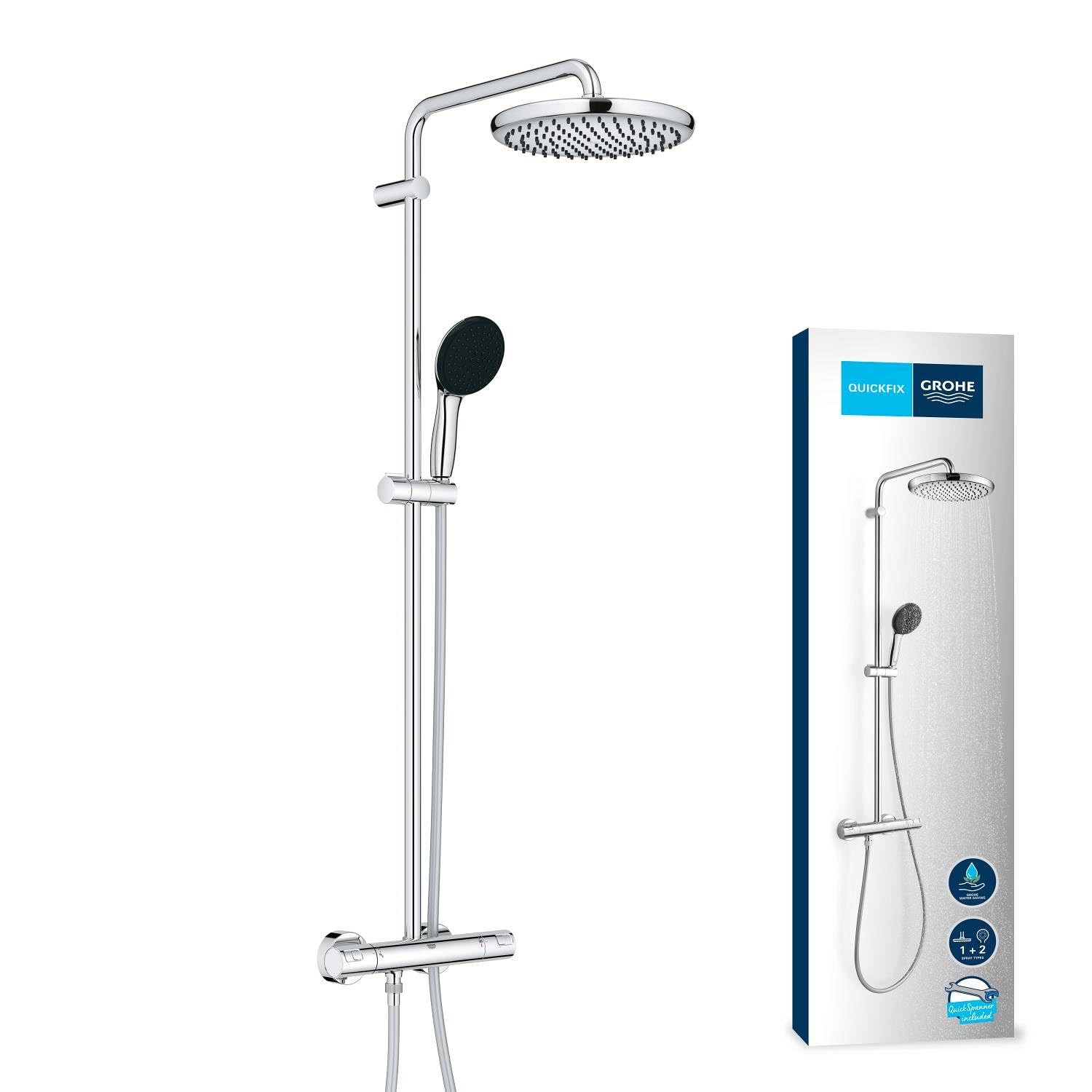GROHE Vitalio 250 - Columna de ducha con grifo termostatico (ducha de lluvia con termostato, brazo giratorio, bloqueo a 38°C, sistema antical), redondo, cromo, 26677001