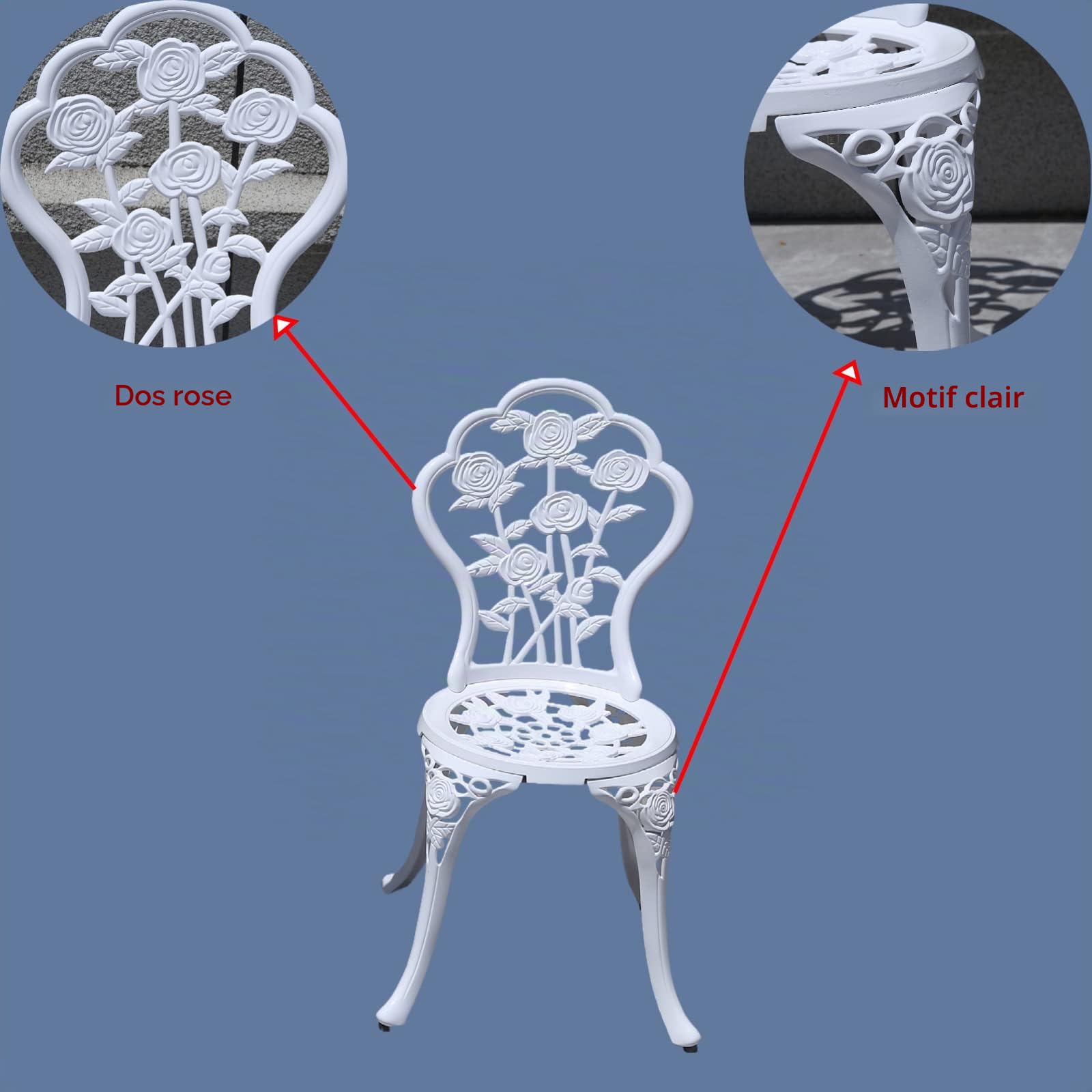 Ensemble de meubles d'extérieur avec motif rose, 1 table et 2 chaises pour jardin, patio, véranda (rose/blanc)