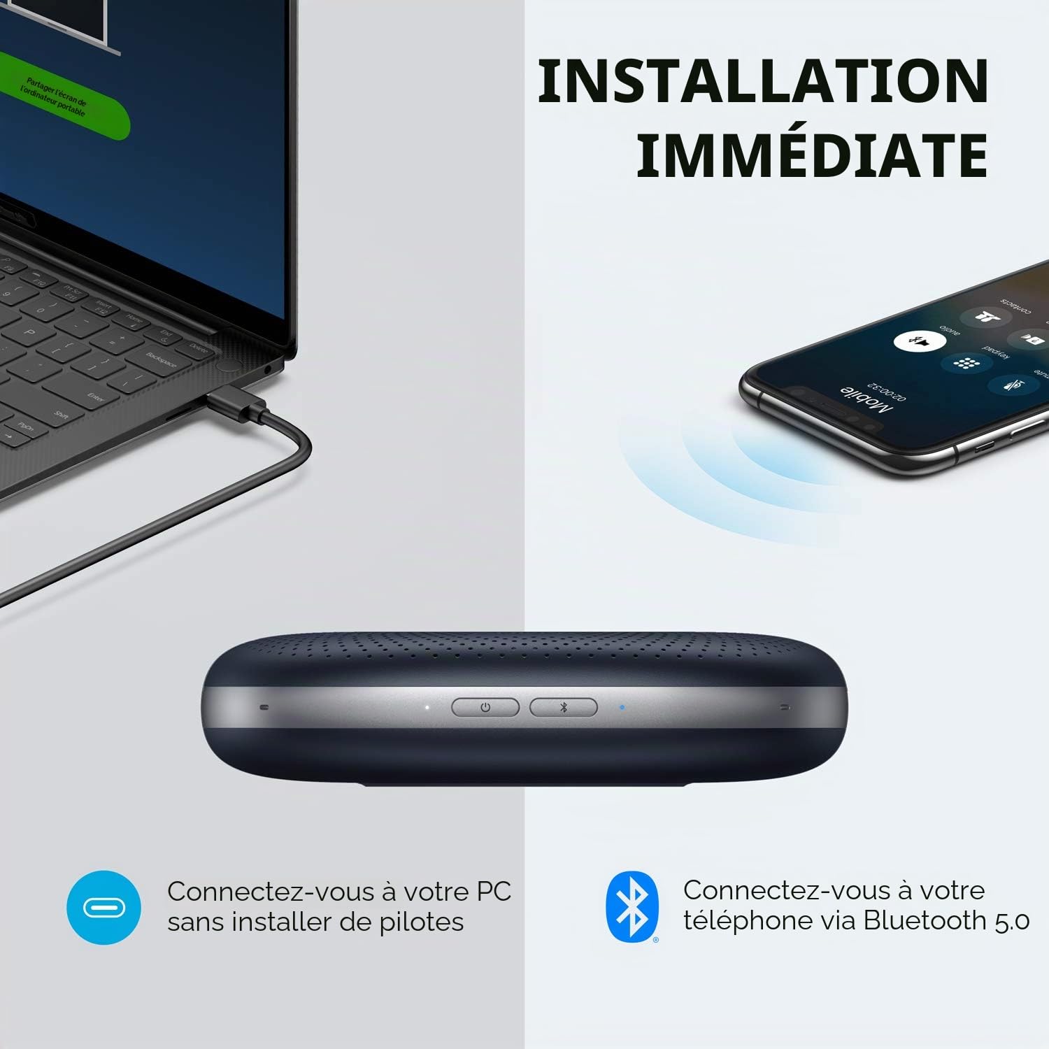Anker PowerConf Haut-Parleur Bluetooth de conférence avec 6 micros intégrés | Captation et enregistrement de voix améliorés, 24 heures d’autonomie, USB-C, certifié Zoom, pour bureau à domicile