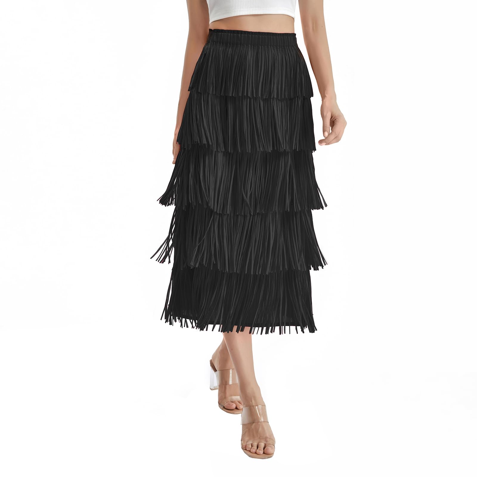 Womens Solid Color Tassel Midi Skirts Elegant High Waist Straight Skirts Summer Pencil Long Fringe Skirt