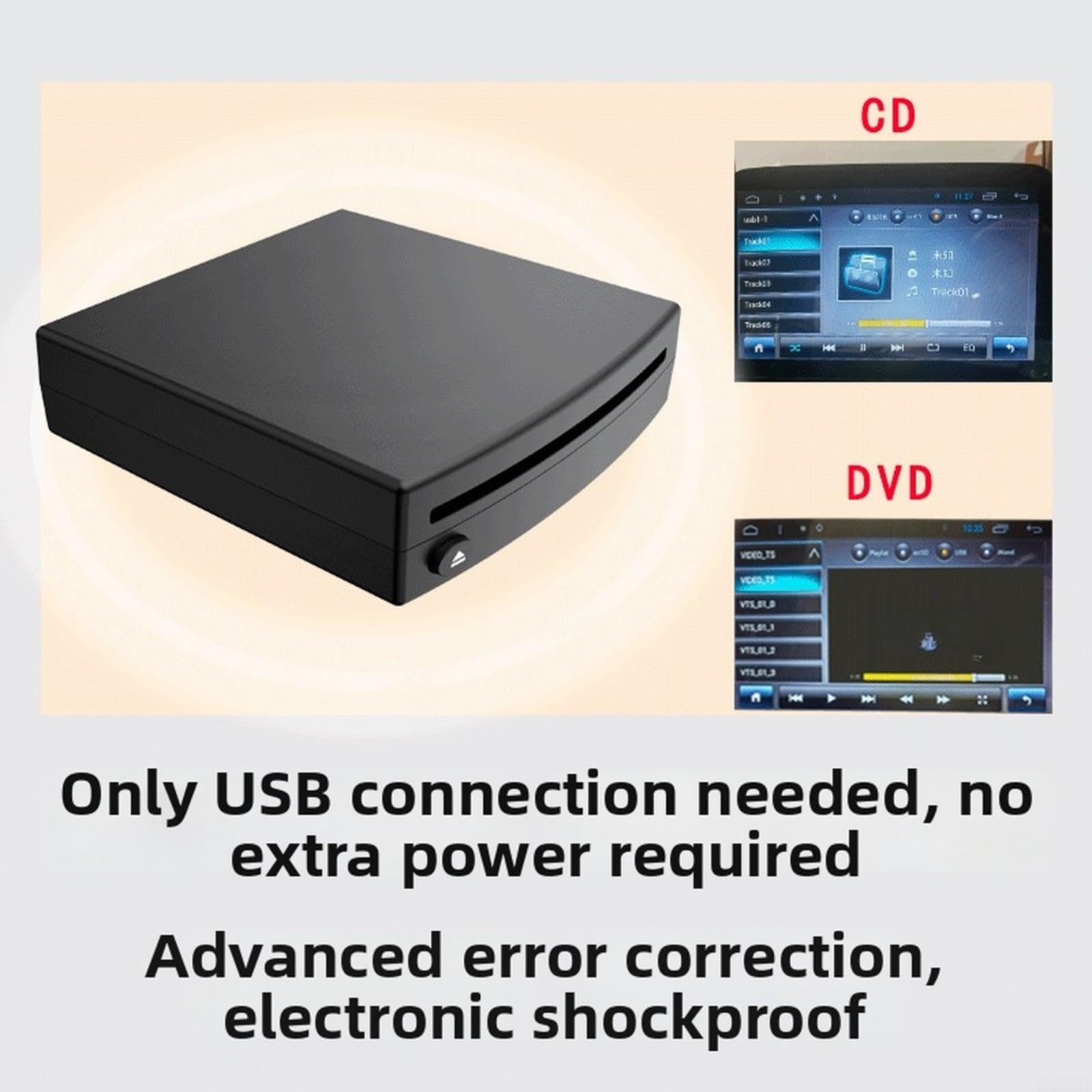 Lettore CD esterno per auto con connessione USB, suono ad alta fedeltà senza perdite, portatile per sistemi Compact Disc Drive DVD, facile da installare, nero