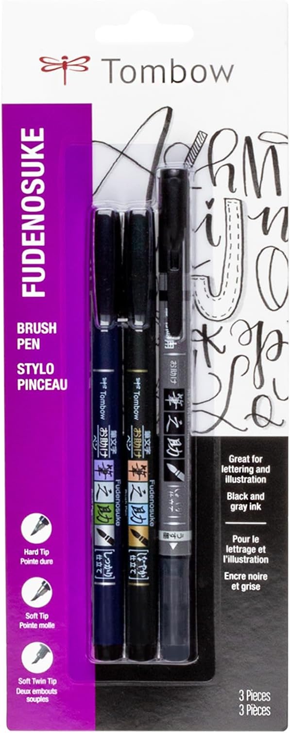62039 Fudenosuke Brush Pens, 3-Pack. Soft, Hard, and Twin Tip Markers for Calligraphy and Art Drawings