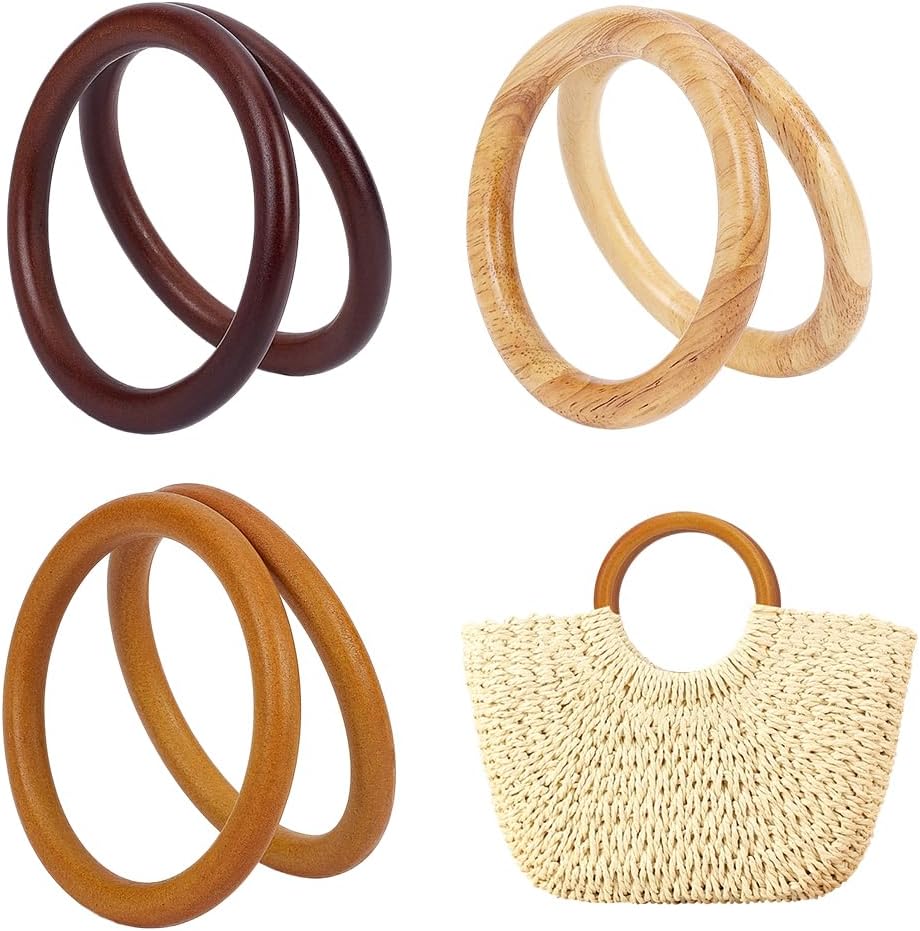 PH PandaHall 6pcs Wooden Round Purse Handles, 4.72" Rustic Circle Purse Handle Replacement Decorative Handmade Bag Handles for Crochet Bags Macrame Handbags Straws Beach Bags Making, 3 Colors