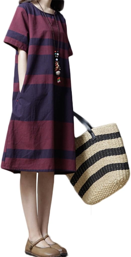 Amazon Co Jp イン二ファー Innifer レディース ストライプ ワンピース 綿 ワンピース チュニック 夏 結婚式ワンピース 3分袖 Uネック シルエット 着痩せ 体型カバー 春夏秋兼用 パーティー 発表会 日常用 服 ファッション小物