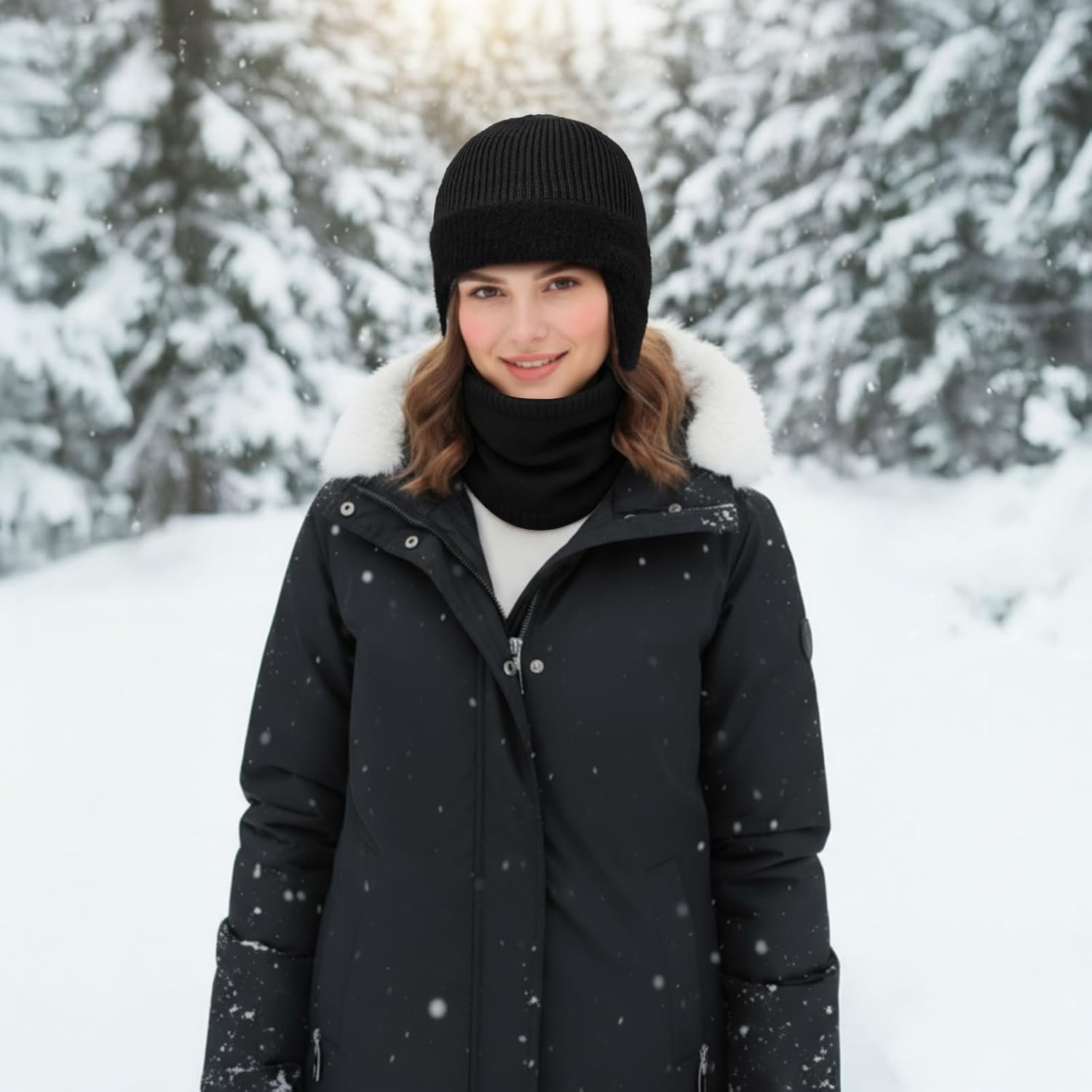 Bencailor Winter Knit Beanie with Earflap Neck Warmer Scarf Set, Thick Windproof Fleece Lined Beanie Scarf Set for Men Women Black