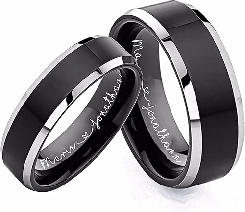 Miniatura 7 de Juego de anillos de boda personalizados de dos tonos negros y plateados para parejas grabado a medida - Se envía desde Estados Unidos Acero