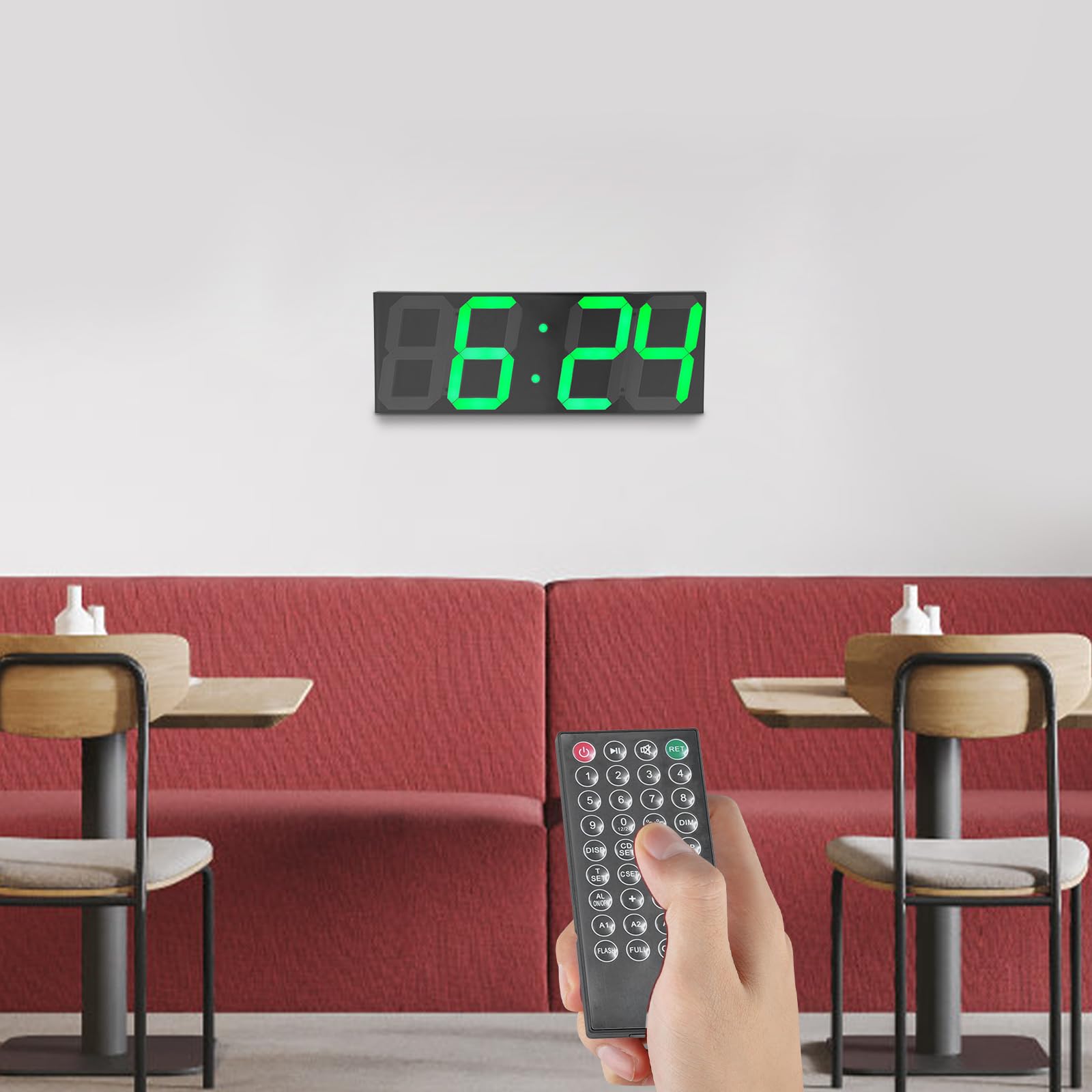 Digitale Wanduhr, Große LED Tischuhr mit Fernbedienung, Wecker mit Countdown-Timer Dimmfunktion Temperaturanzeige, 24/12-Stunden-Led für Wohnzimmern Küche Büros, 45 x 16 x 2.5cm (Grün)