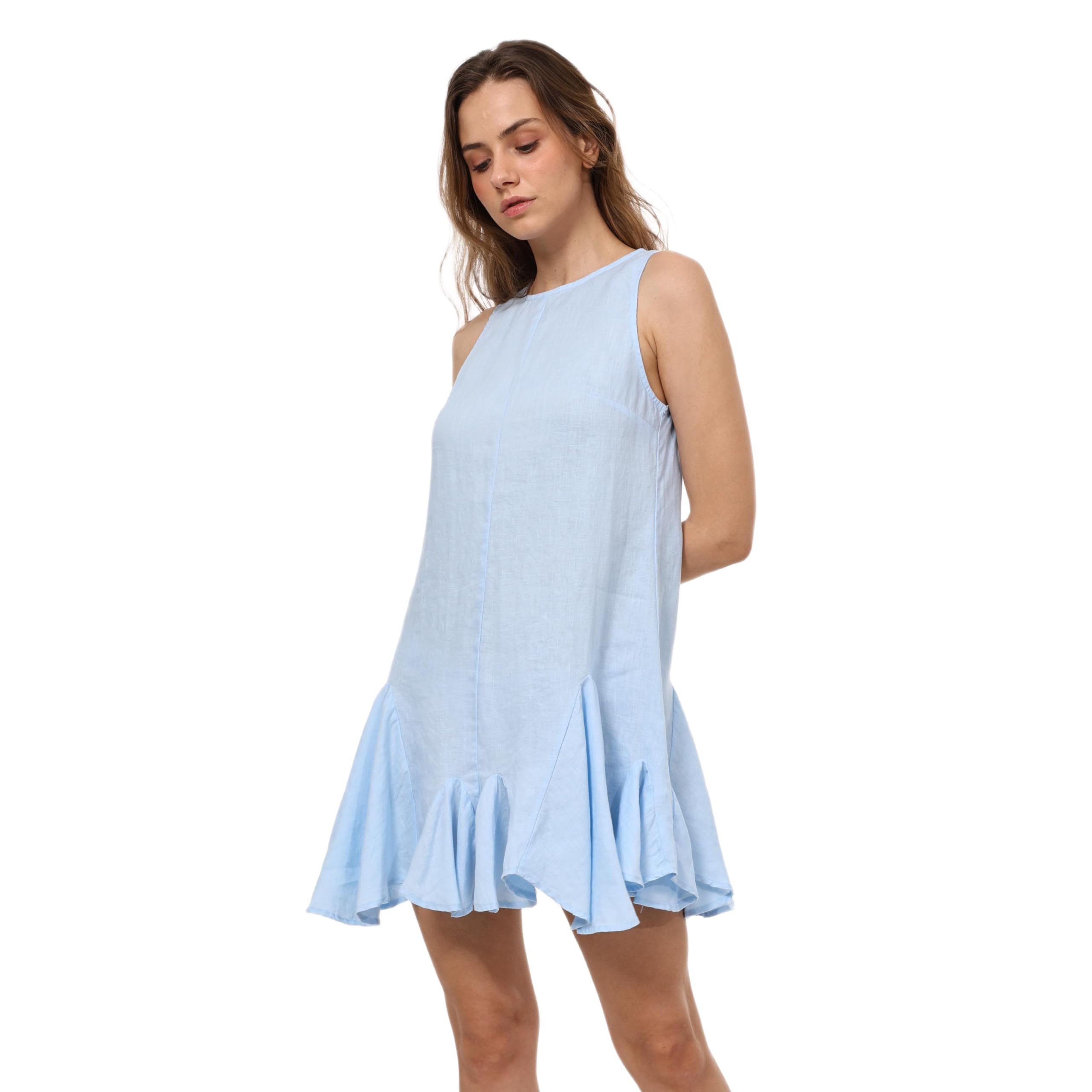 Amazhiyu Mini abito da donna, 100% lino, estivo, con cerniera, casual, girocollo, senza maniche
