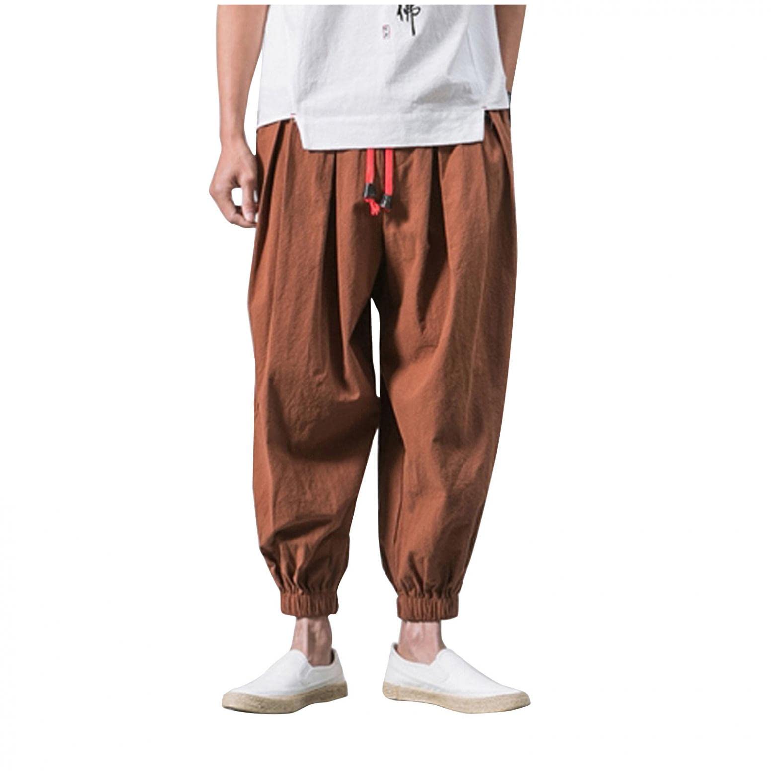RealdoMen’s Loose-Fitting Pants, Boho, Hippie, Yoga, Harem, Cotton Linen, Loose Fit, Elasticated Waist, Ankle Length with Pockets
