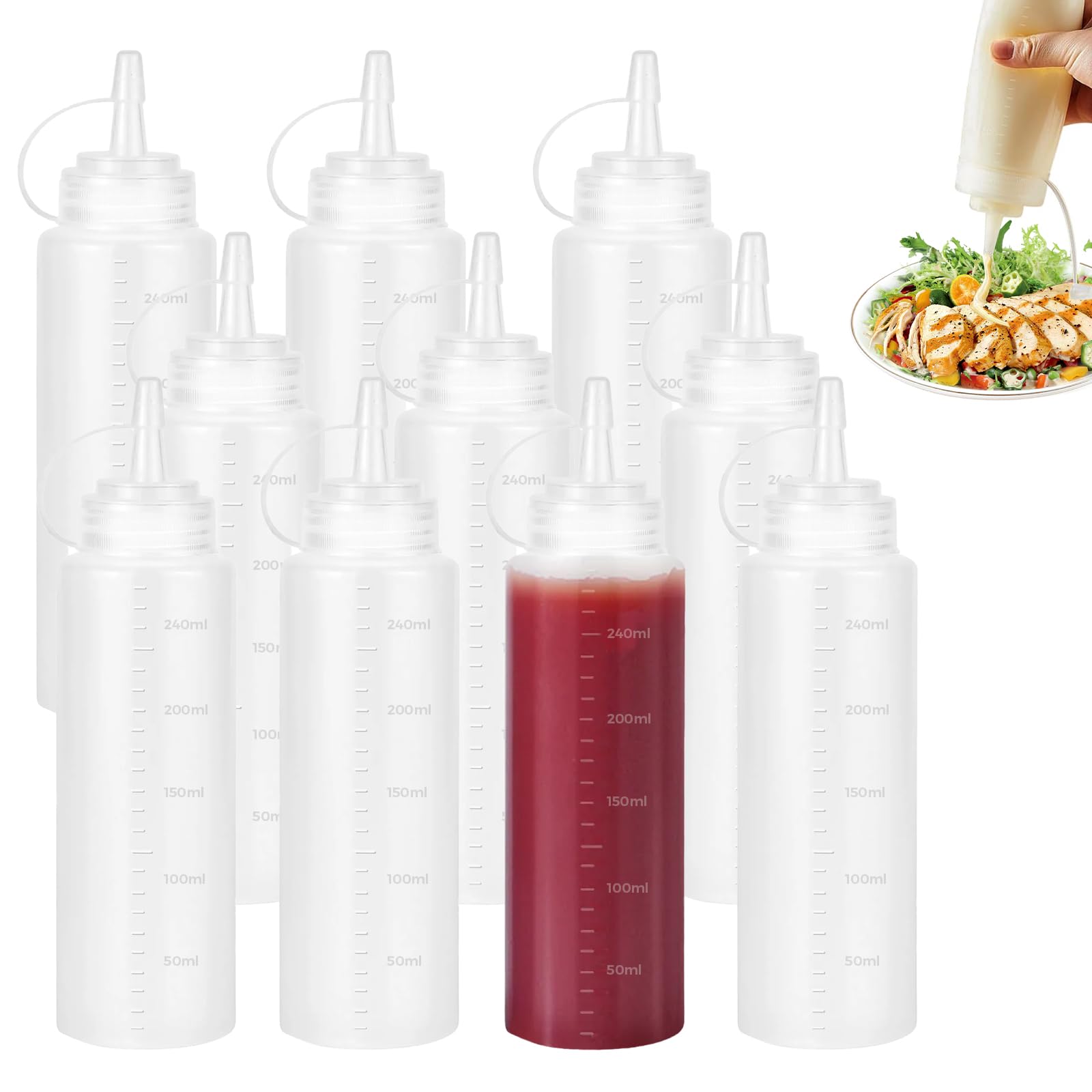 Woobroo 10 Pack Plastic Squeeze Bottles, 8 oz / 240 ML Sauce Dispensers With Nozzles & Measurement Labelling - For Condiments, Syrups, Dressings & Craft Use, Transparency