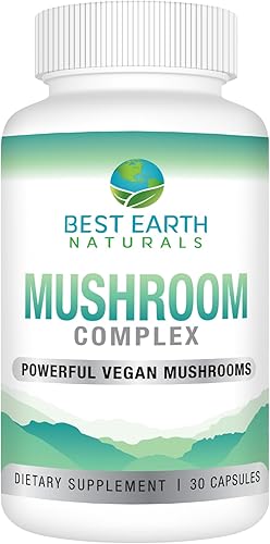 Best Earth Naturals Complejo de hongos - Fórmula vegana con setas de melena de león, reishi, chaga, maitake y shiitake - Suministro para 30 días