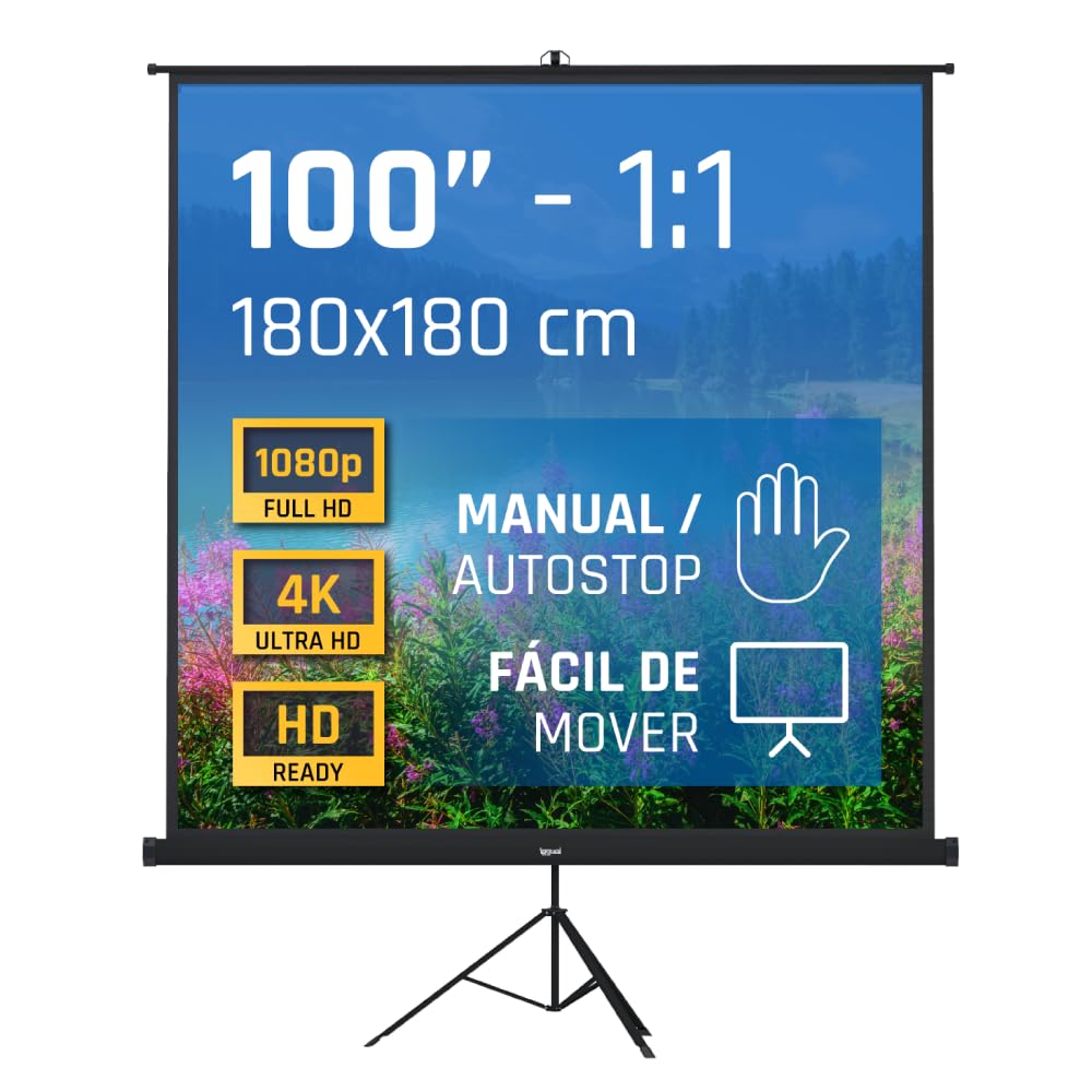 iggual Projection Screen 100" Square - Portable Manual Roll Up with Tripod - 180º Vision- Compatible 4K and Any Projector- Adjustable Height- Carry Bag and Tripod Included (180 x 180 cm)