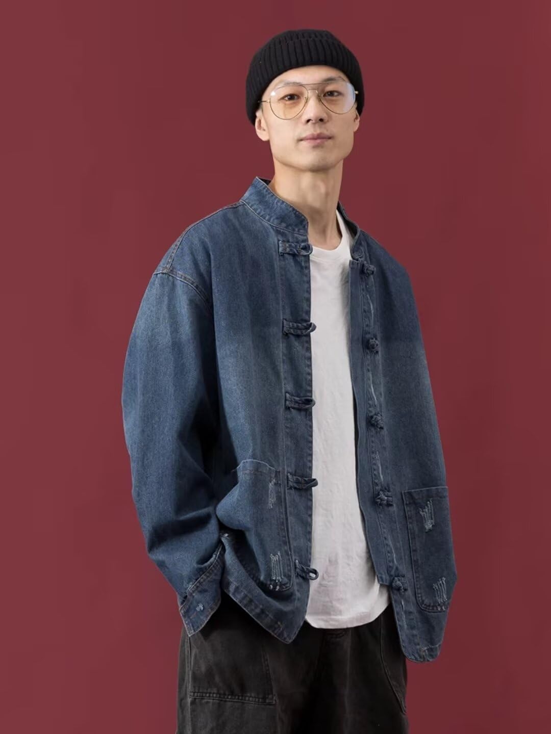 Veste en jean pour hommes avec boutons de costume Tang de style chinois - Veste de robe