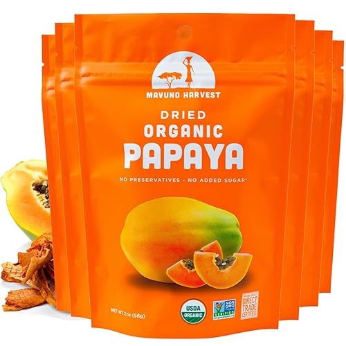 Mavuno Harvest Papaya - Snacks de frutas secas Rebanadas de papaya secas orgánicas Snacks saludables sin gluten para niños y adultos Sin azúcar