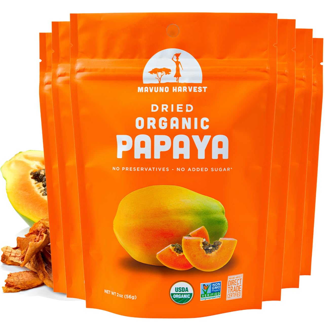 Mavuno Harvest Papaya Dried Fruit Snacks | Organic Dried Papaya Slices | Gluten Free Healthy Snacks for Kids and Adults | No Sugar Added, Vegan, Non GMO, Direct Trade | 2 Ounce, Pack of 6USDA Organic