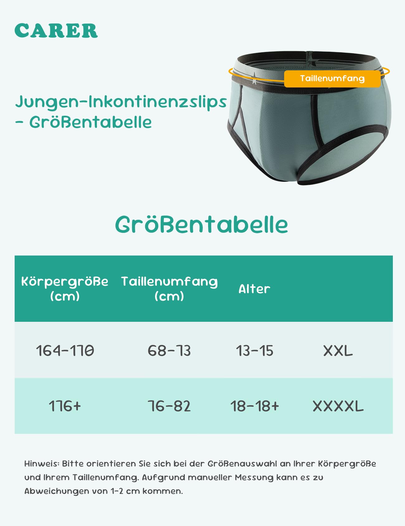 Carer 3er Pack Jugendliche Inkontinenzslip 60 ml Saugkraft Weiche Baumwoll-Unterwäsche bei leichter Inkontinenz Wiederverwendbar 4XL