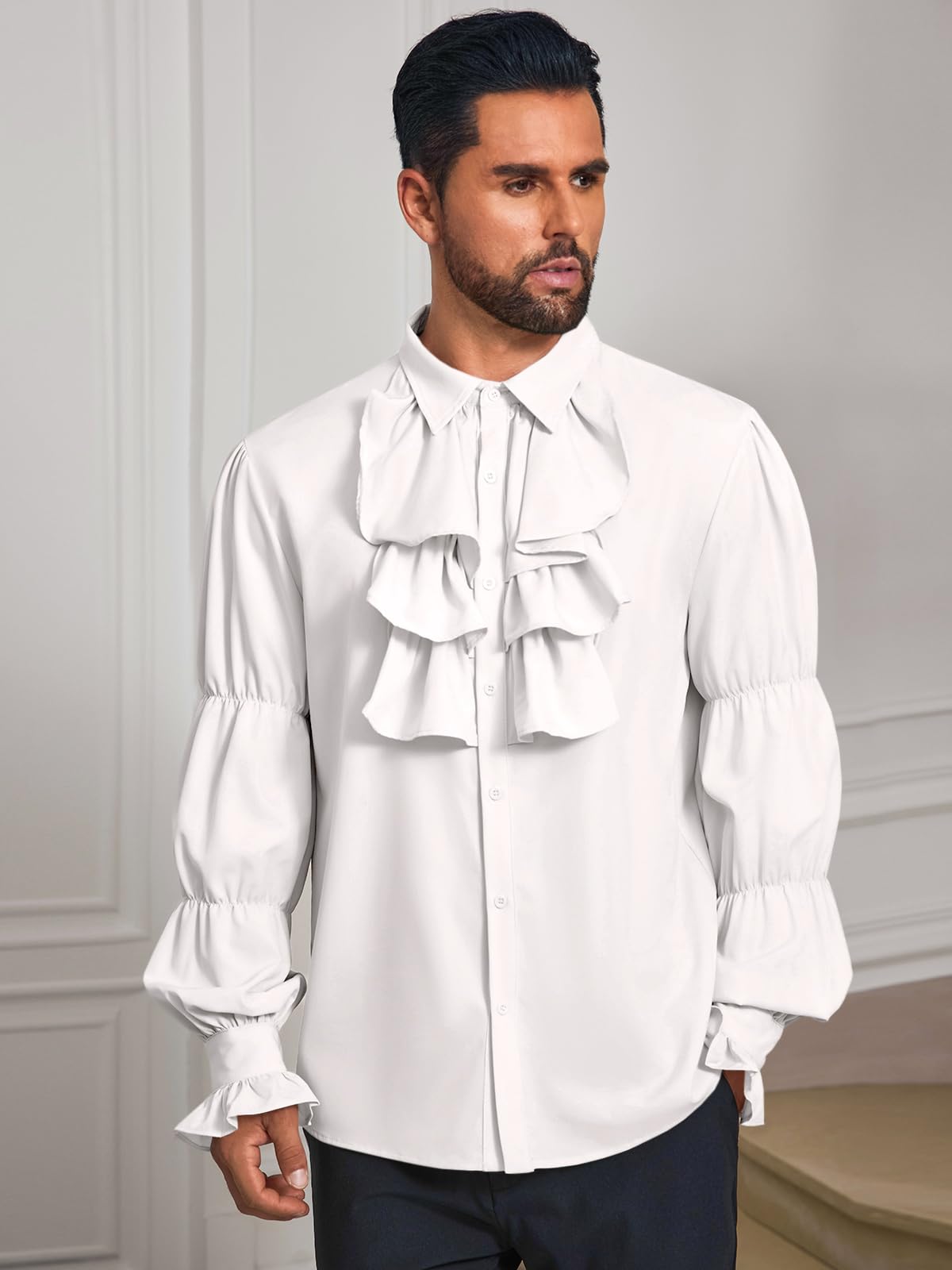 Runcati Camisa pirata para hombre, con volantes, victoriana, renacentista, vampiro, poeta, camisa hinchada, gótica, steampunk, disfraz medieval