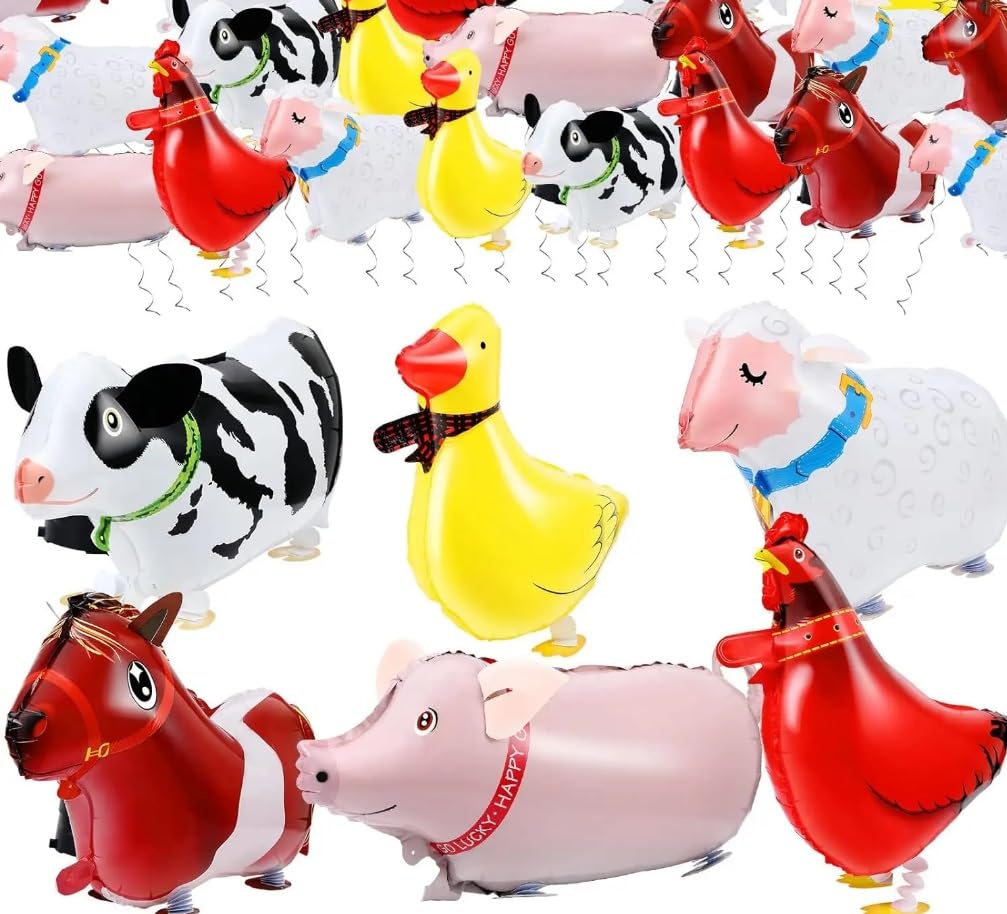 Volunx 6 pcs Farm Animal Walking Balloons Air Balloon Aluminium Foil Helium Balloons for Gift Birthday Party Decor Sheep Cow Duck Chicken Duck Horse