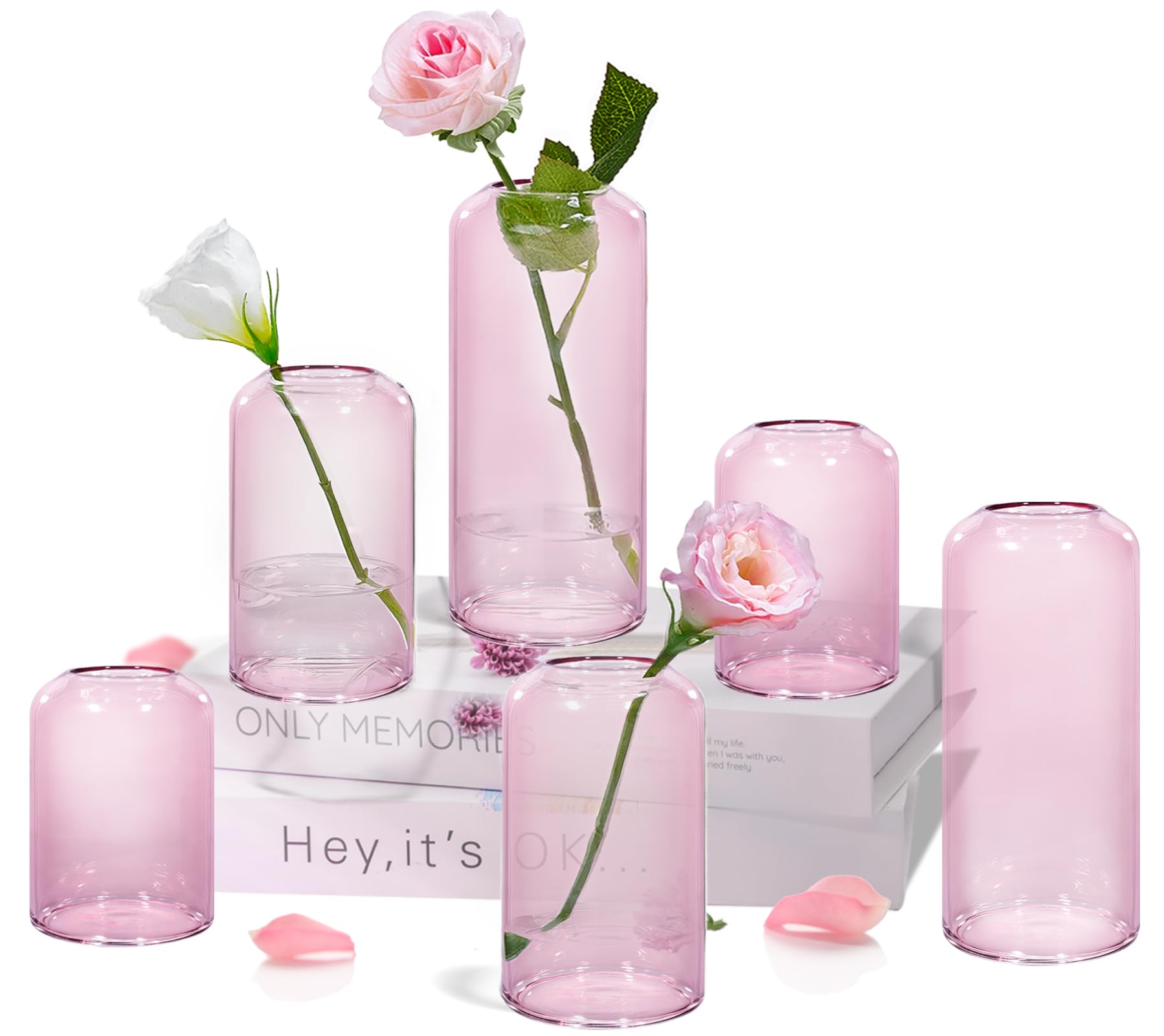 ZENS Knospenvasen 6er Set Rosa Klar Kleine Glasvase für Blumen Moderne mundgeblasene Zylinderglasvase für Hochzeit Empfang Tafelaufsätze Wohnzimmer Deko