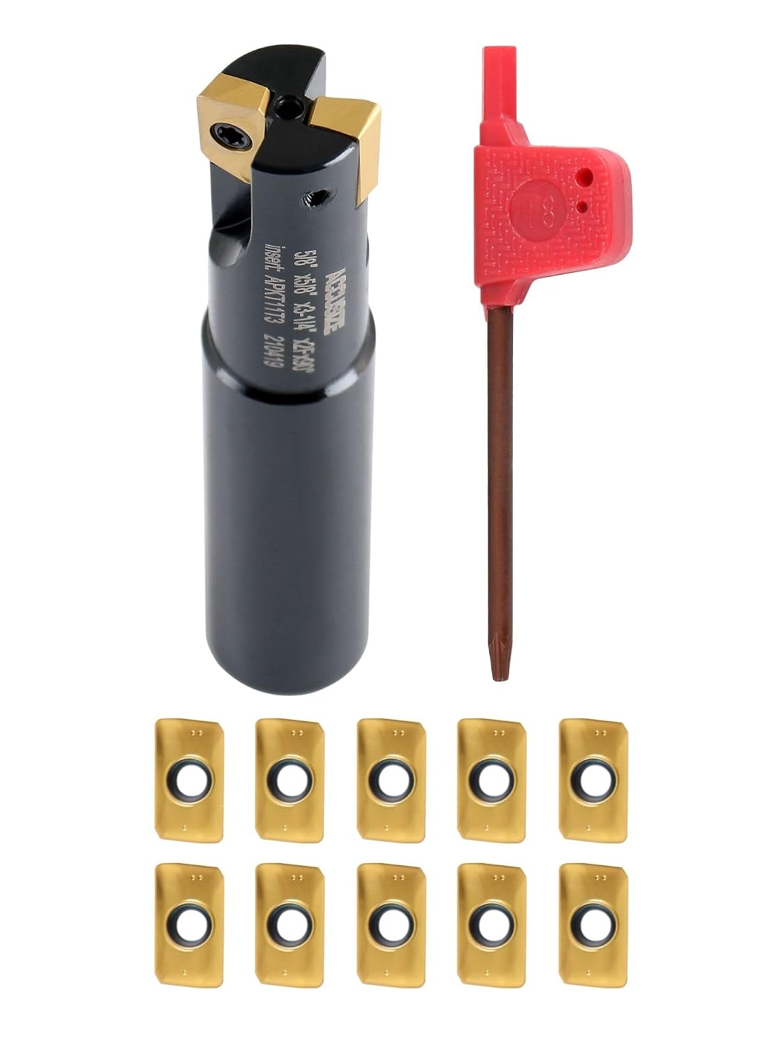 Accusize Industrial Tools 5/8" 90° Square Shoulder Indexable End Mill w/ 10 add'l APKT11T308 Inserts, 5/8" Shank, 3-1/4" OAL, 0.433" ap, 2 Flutes, APKT11T308, Carbide Inserts, 0056-0916+0056-1130